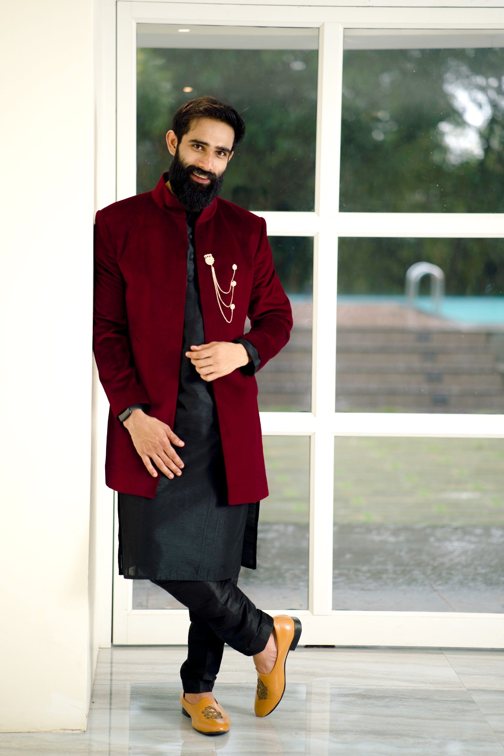 Wine Red Open Indo Western Slim Jacket with paired with Black Kurta & Black Narrow Pants
