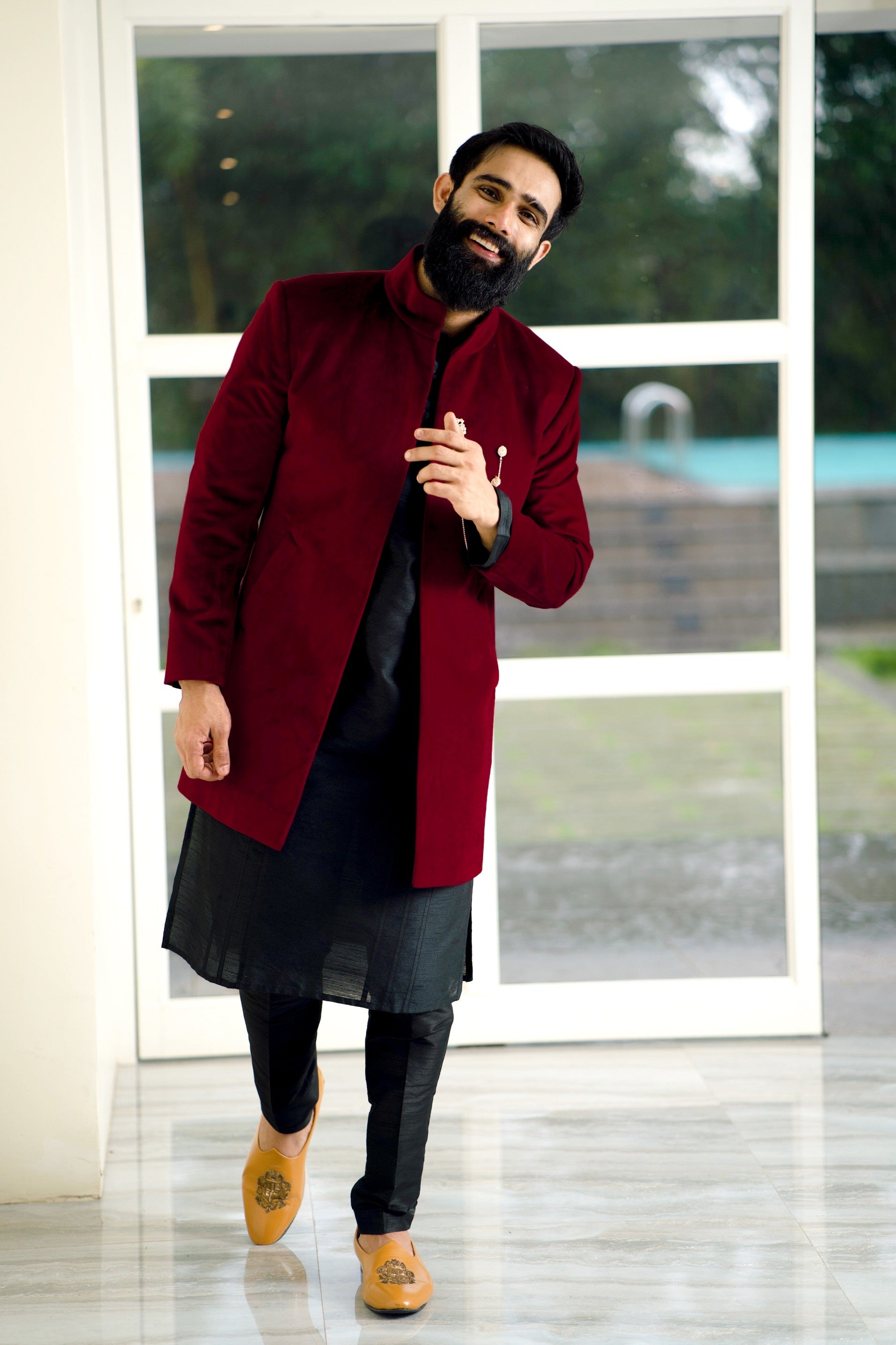 Wine Red Open Indo Western Slim Jacket with paired with Black Kurta & Black Narrow Pants