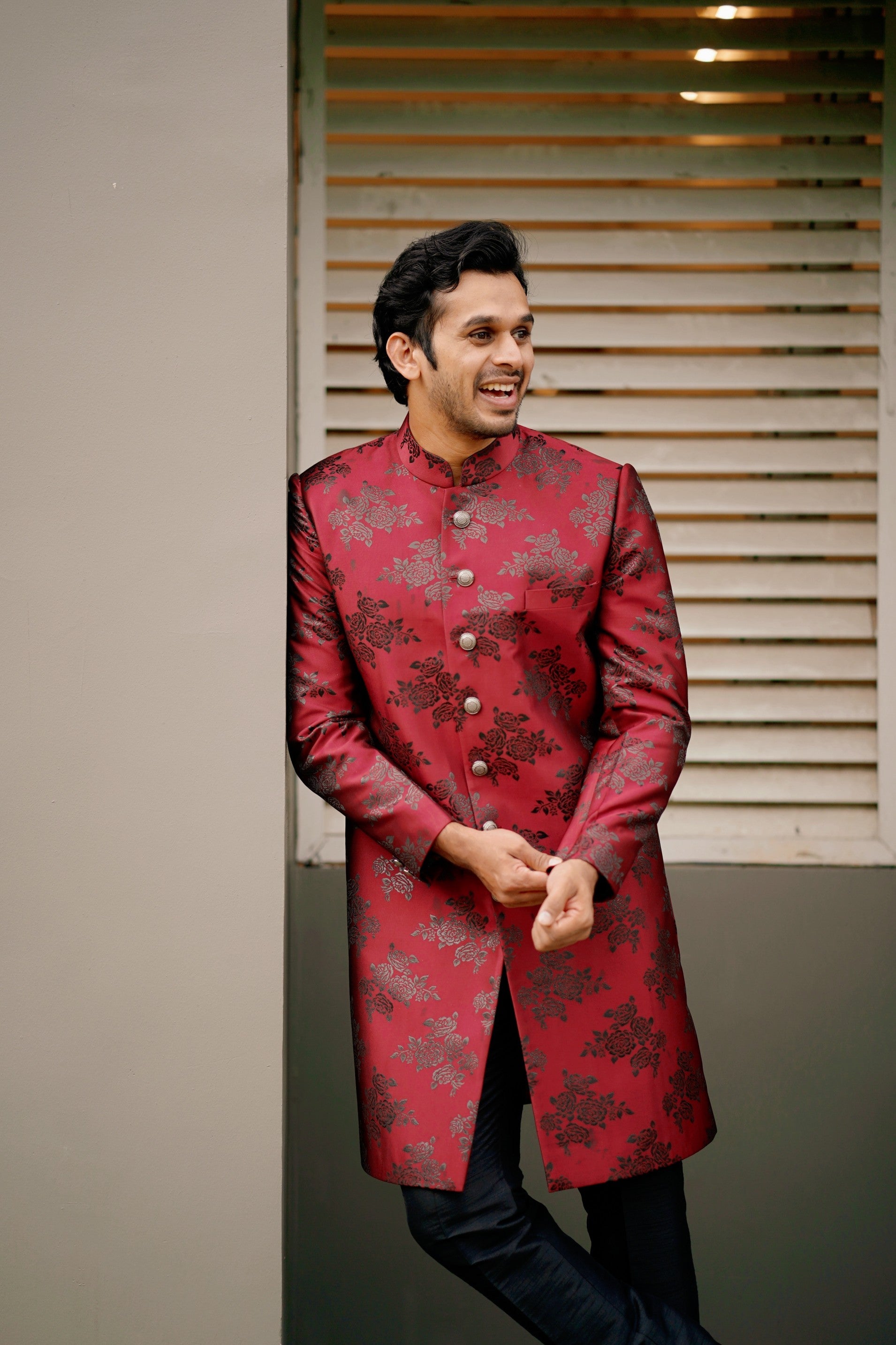 Floral Print Sangria Red Indo Western Slim Achkan Suit paired with Black Naroow Pants