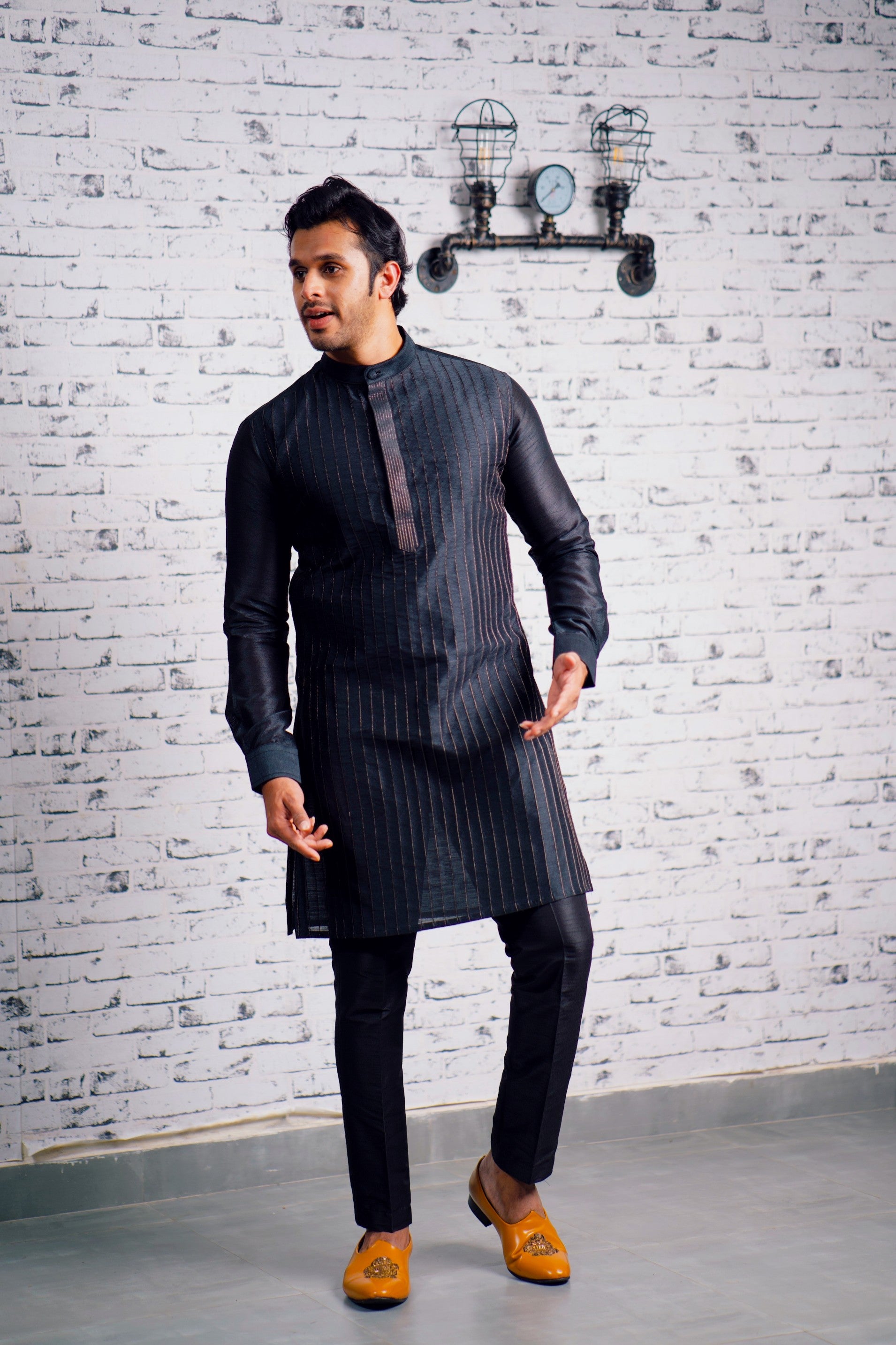 Charcoal Black Kurta With Vertical Tuck Detailing (Only Kurta)
