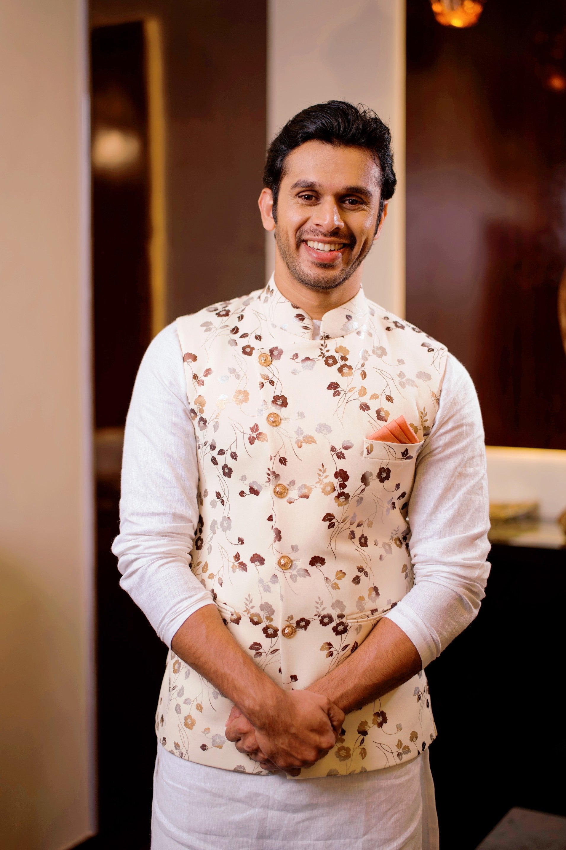 Floral Foil Print Nehru Jacket with White Kurta & White Bottom