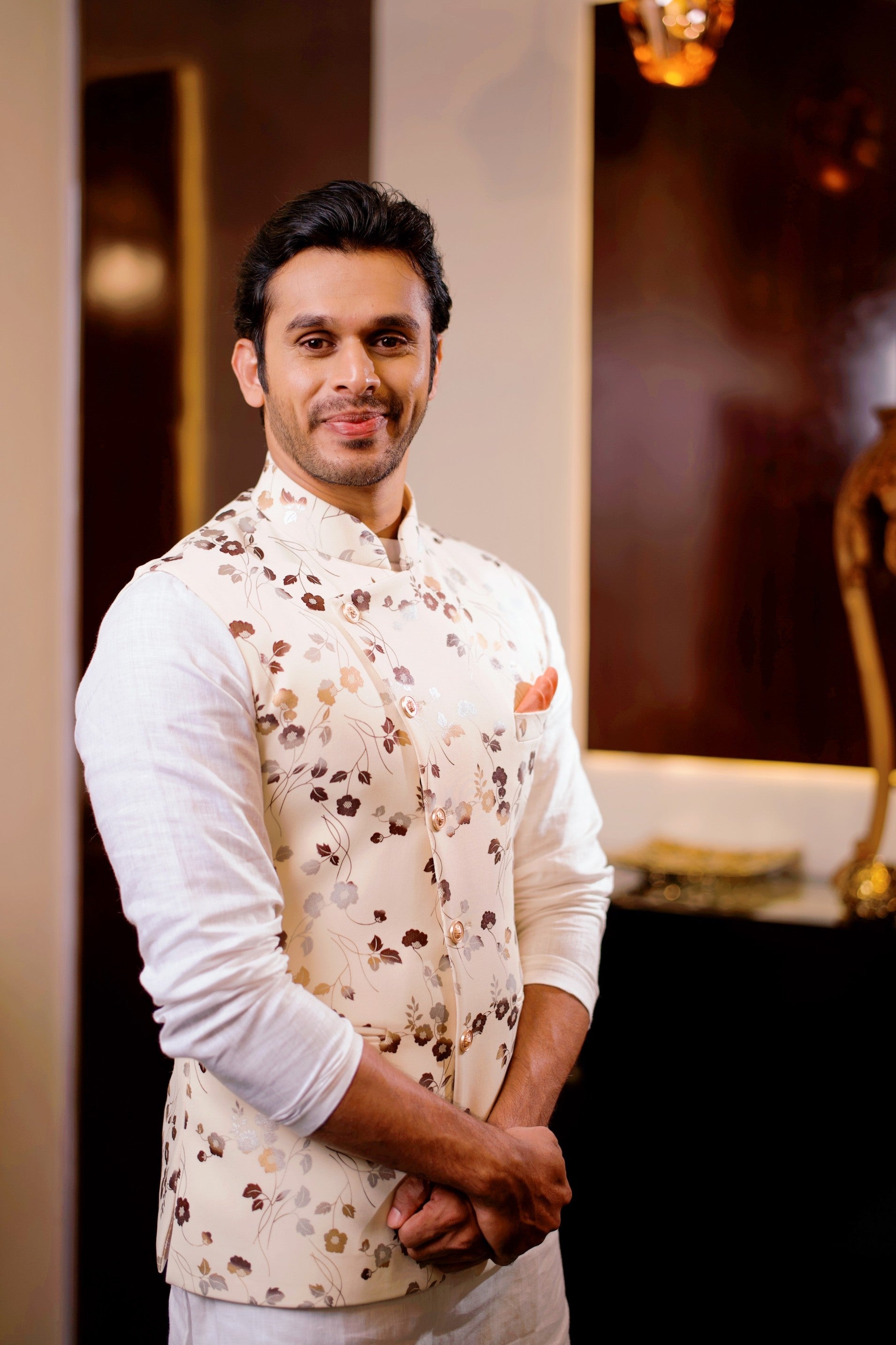 Floral Foil Print Nehru Jacket with White Kurta & White Bottom