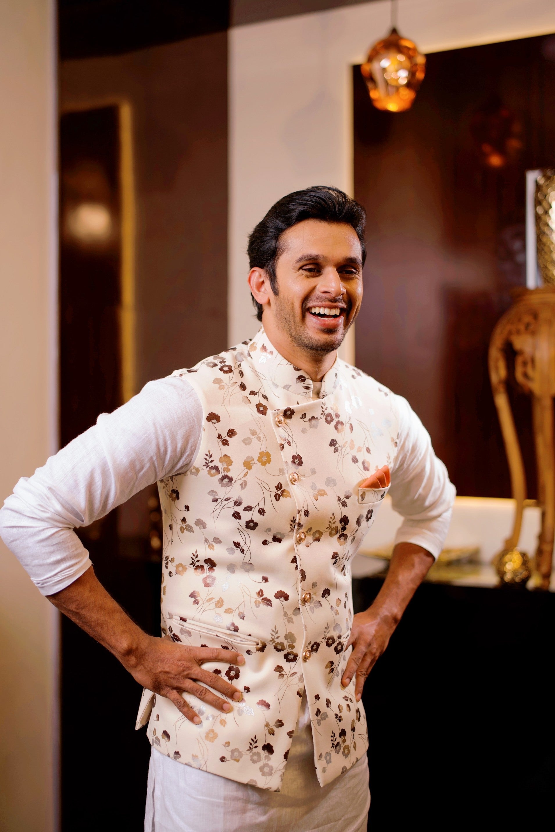 Floral Foil Print Nehru Jacket with White Kurta & White Bottom