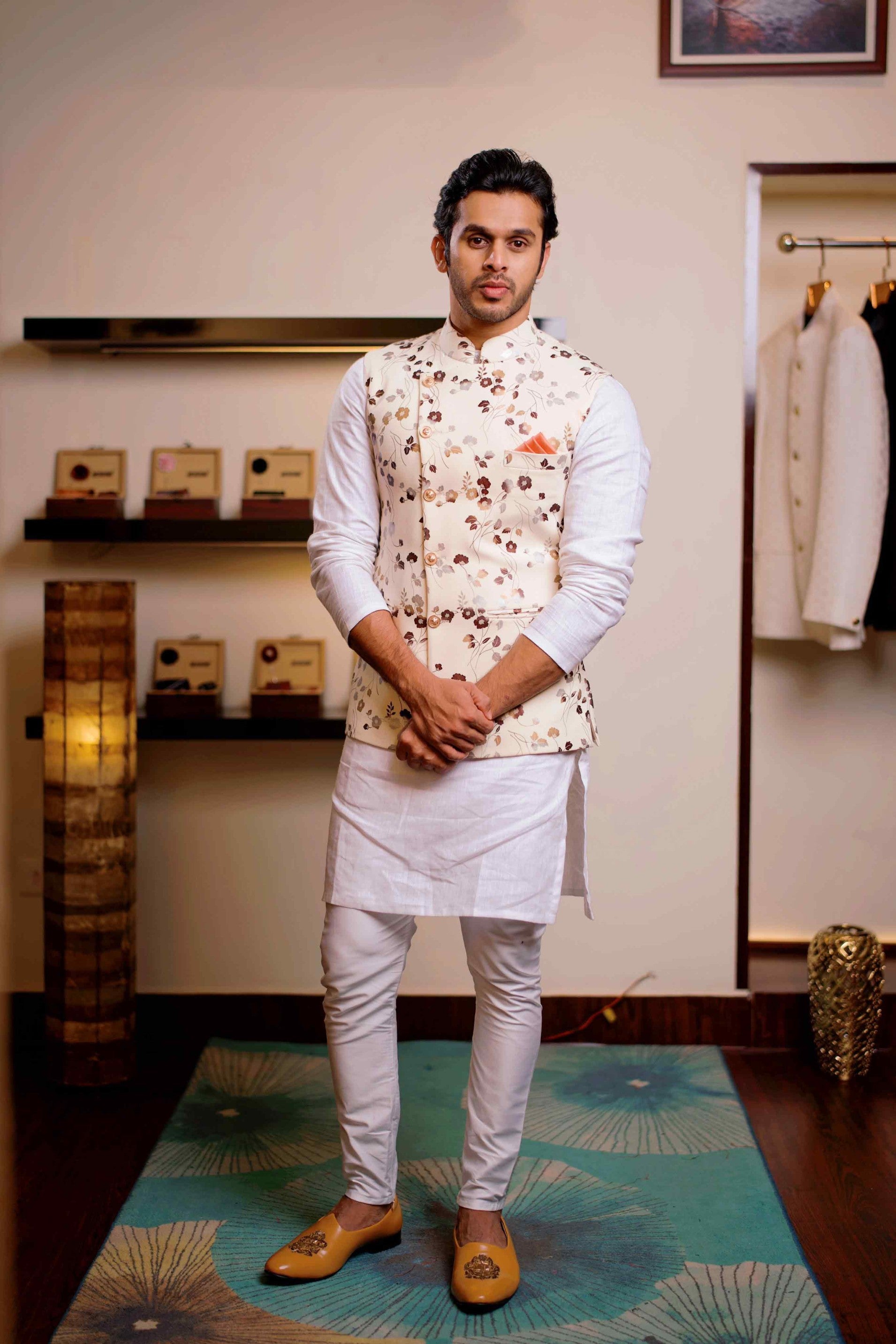 Floral Foil Print Nehru Jacket with White Kurta & White Bottom