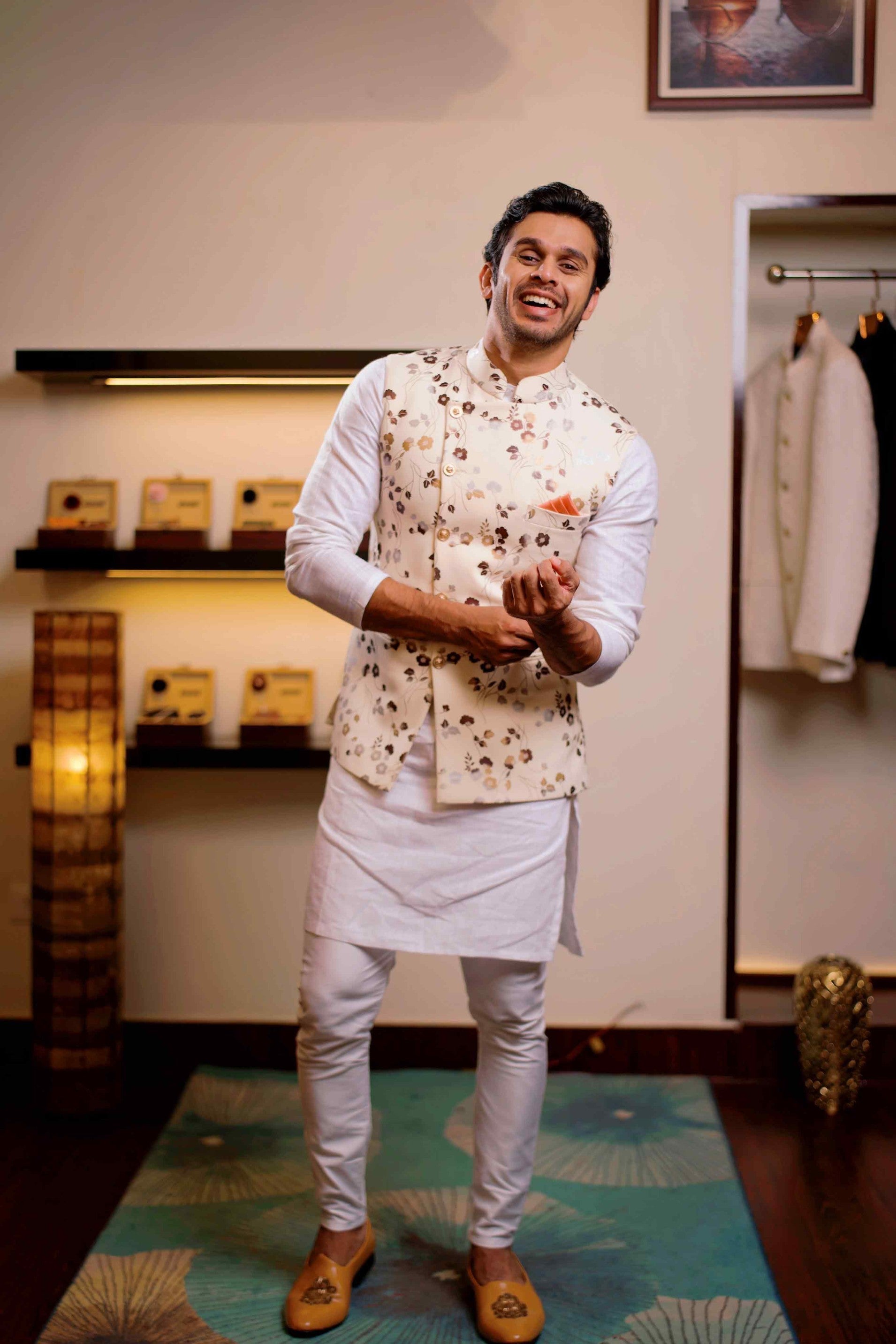 Floral Foil Print Nehru Jacket with White Kurta & White Bottom