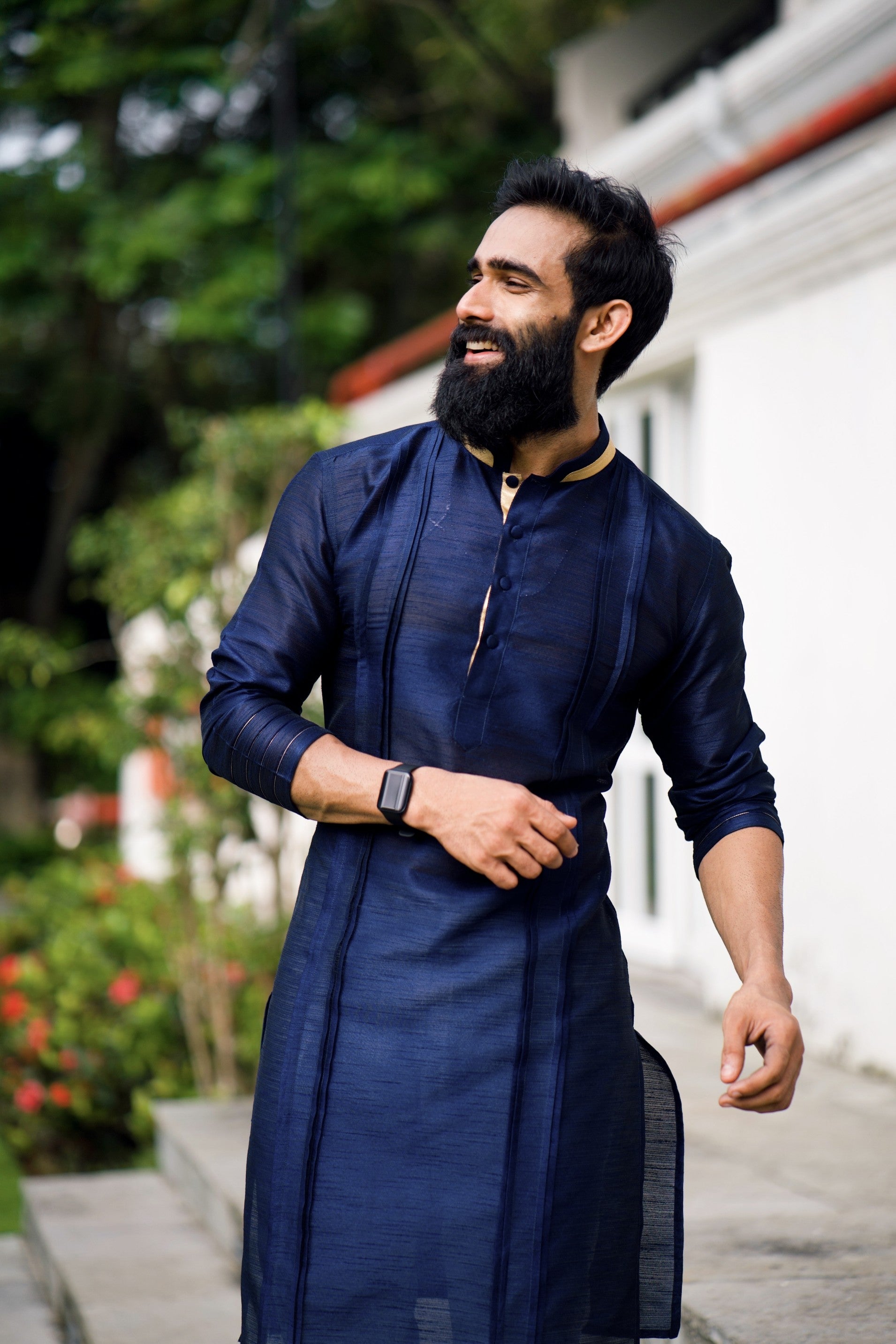 Navy Blue Pleated Kurta Set with Golden Detailing  (Kurta + White Bottom Pants)