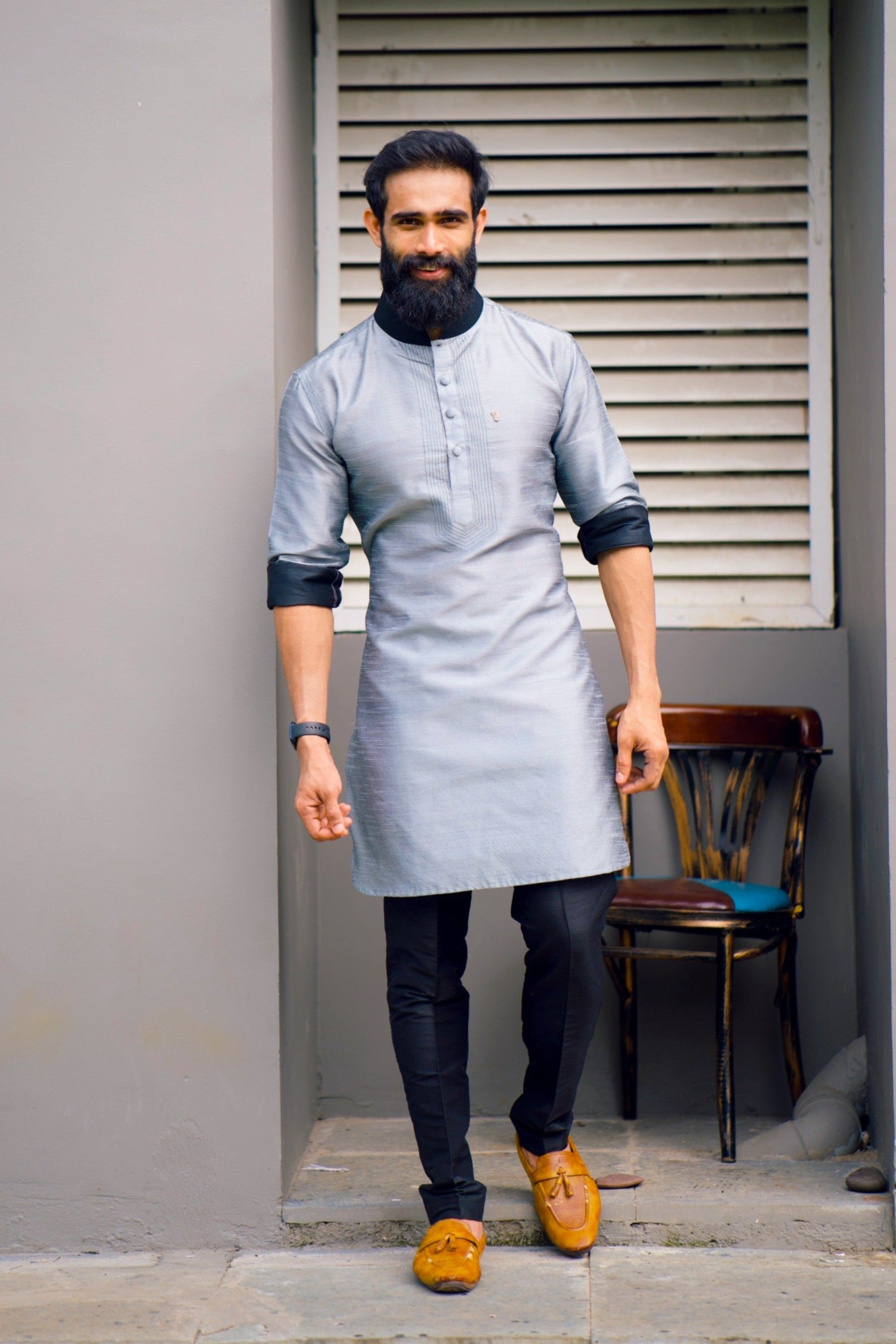 Coin Grey Kurta with Black Contrast Stitch Detailing (Only Kurta)