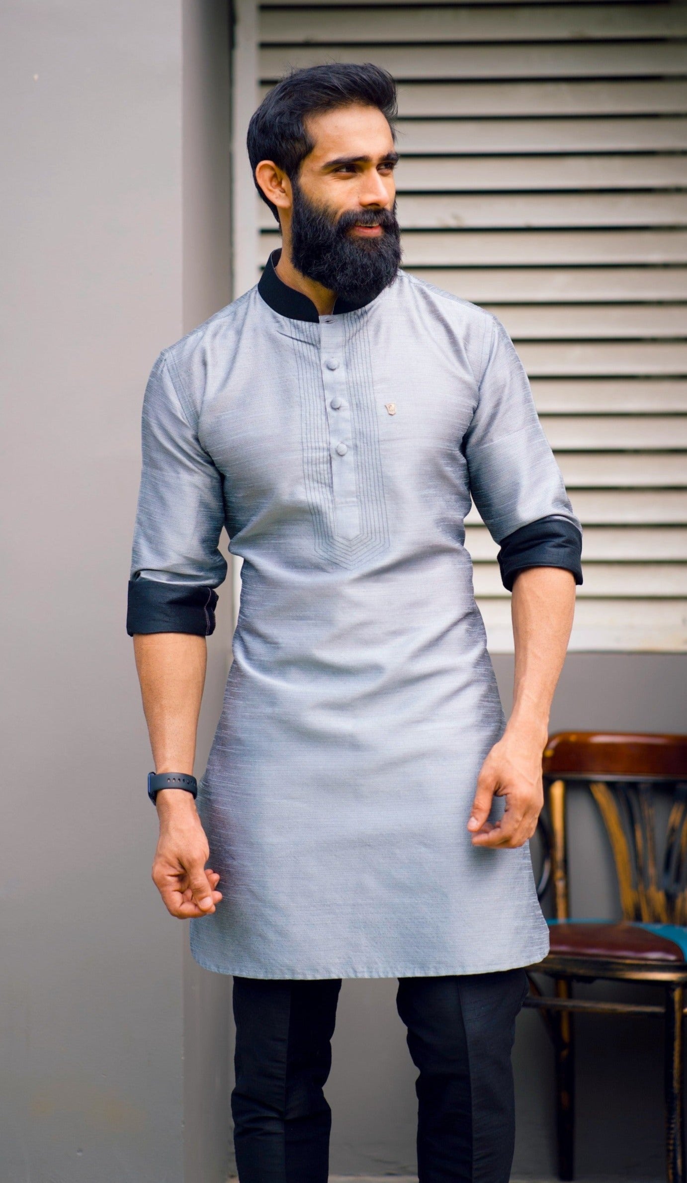 Coin Grey Kurta with Black Contrast Stitch Detailing (Only Kurta)