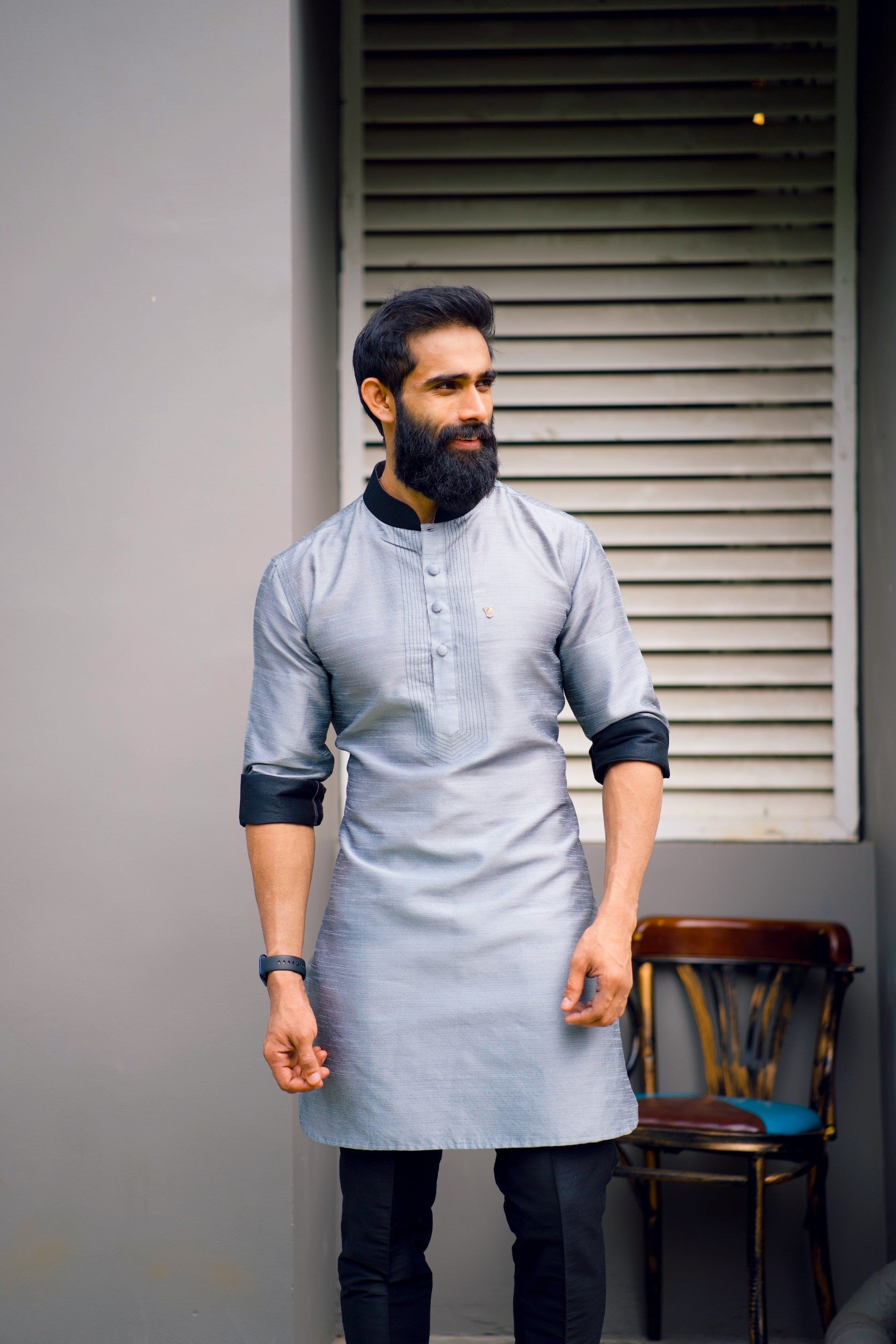 Coin Grey Kurta Set with Black Contrast Stitch Detailing (Kurta + Black Bottom Pants)