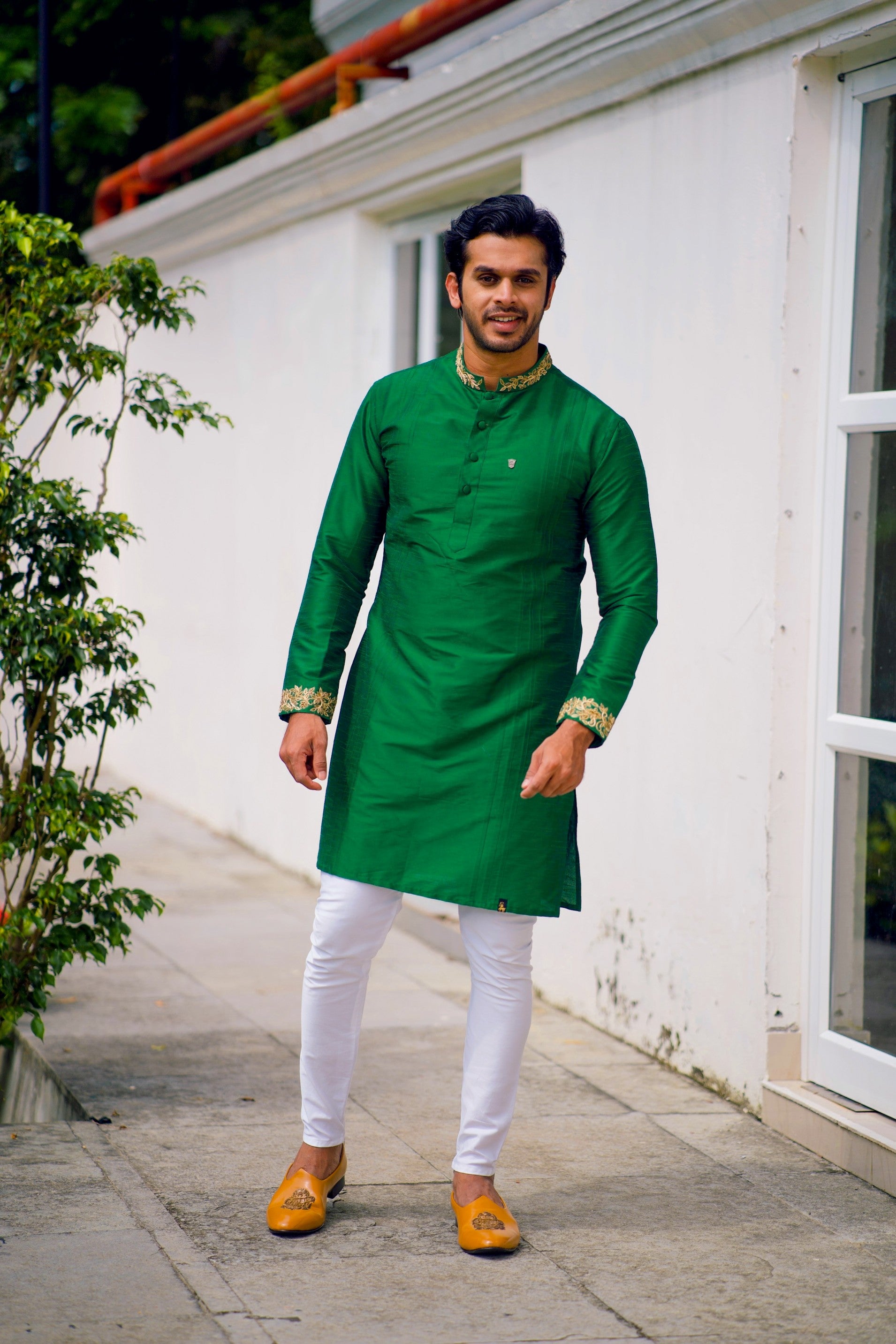 Cadmium Green Kurta Detailed with Handwork on Neck & Sleeves (Only Kurta)
