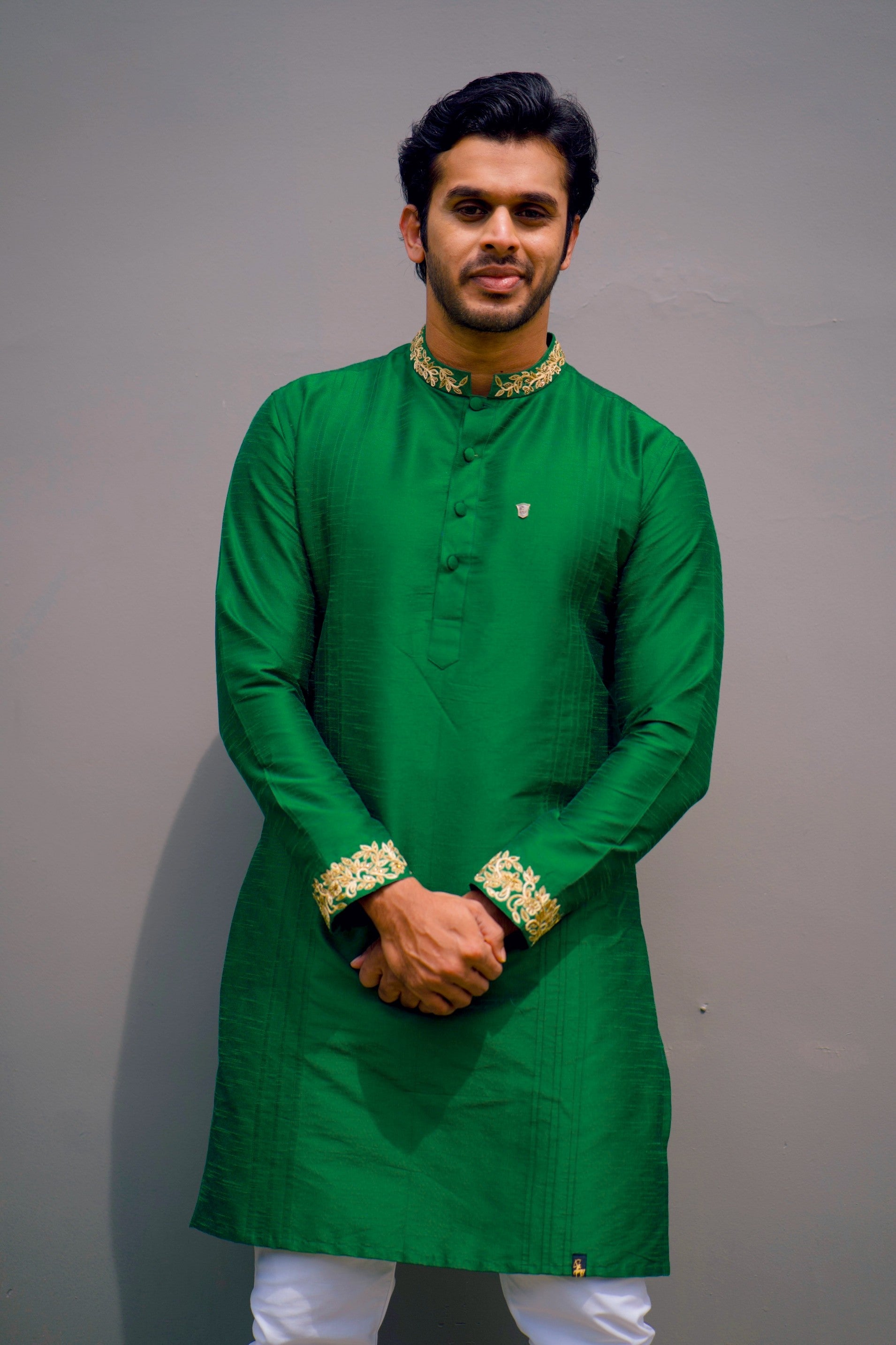 Cadmium Green Kurta Detailed with Handwork on Neck & Sleeves (Only Kurta)