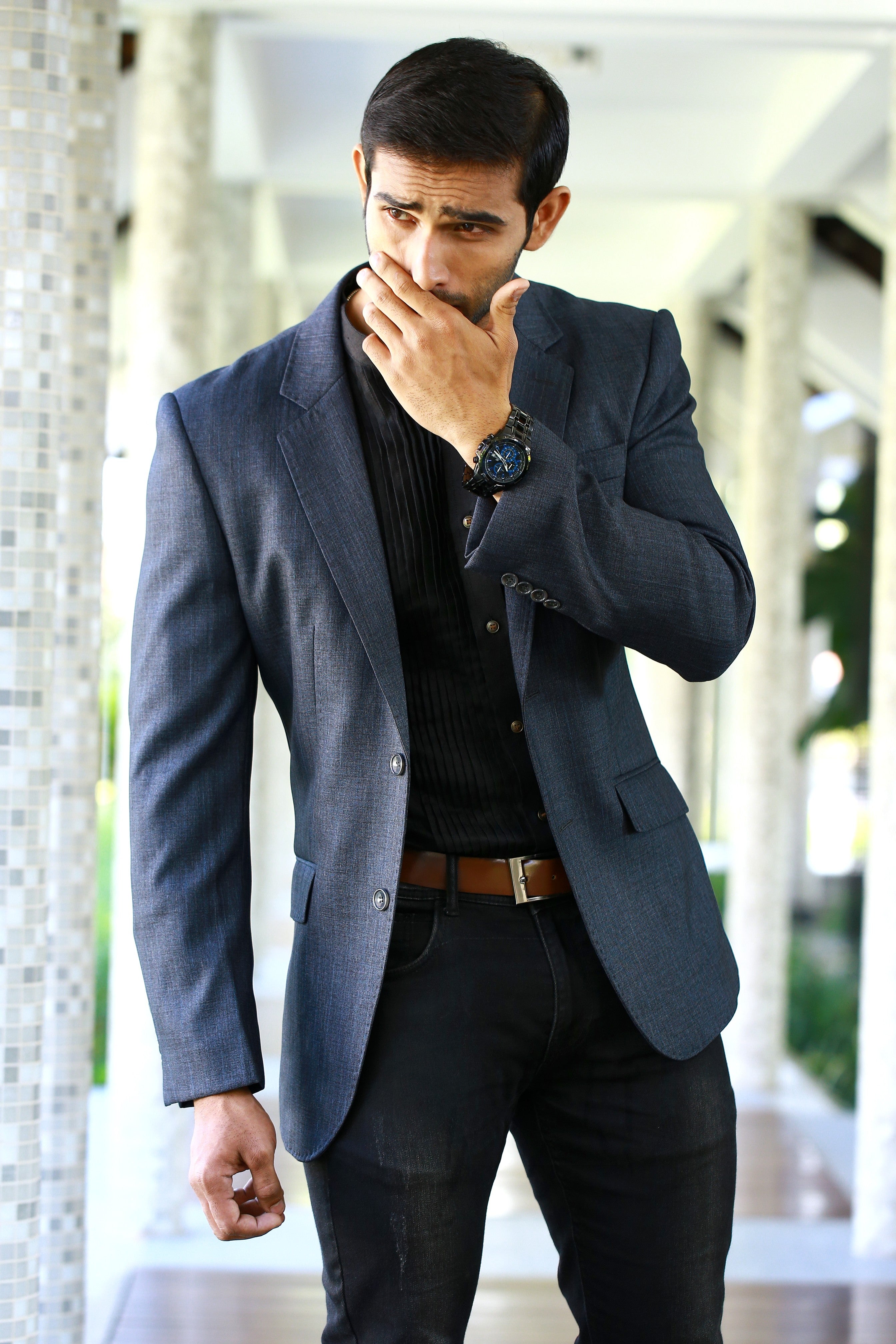 Grey Casual Blazer Set with Black Pleated Shirt & Pants