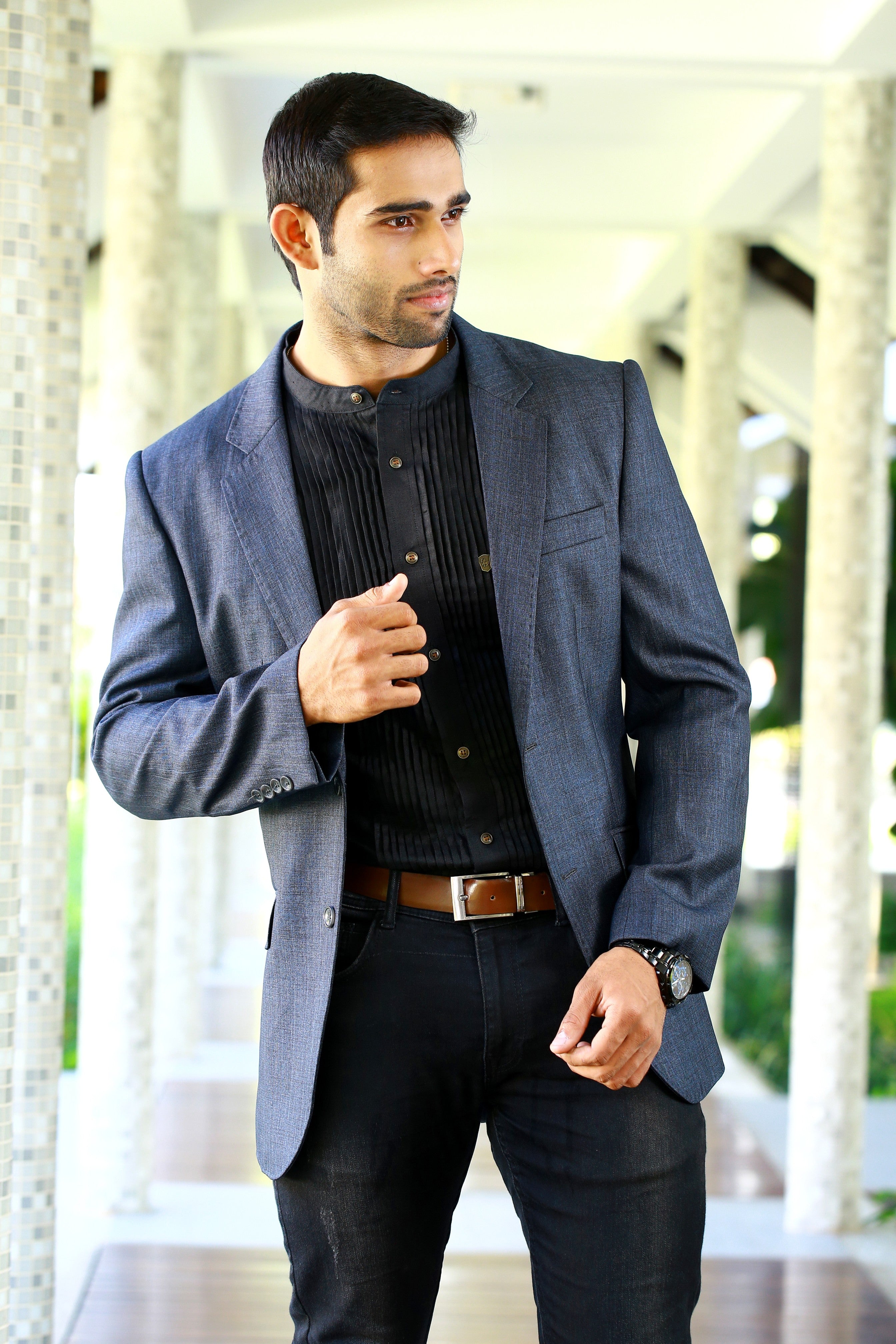 Grey Casual Blazer Set with Black Pleated Shirt & Pants