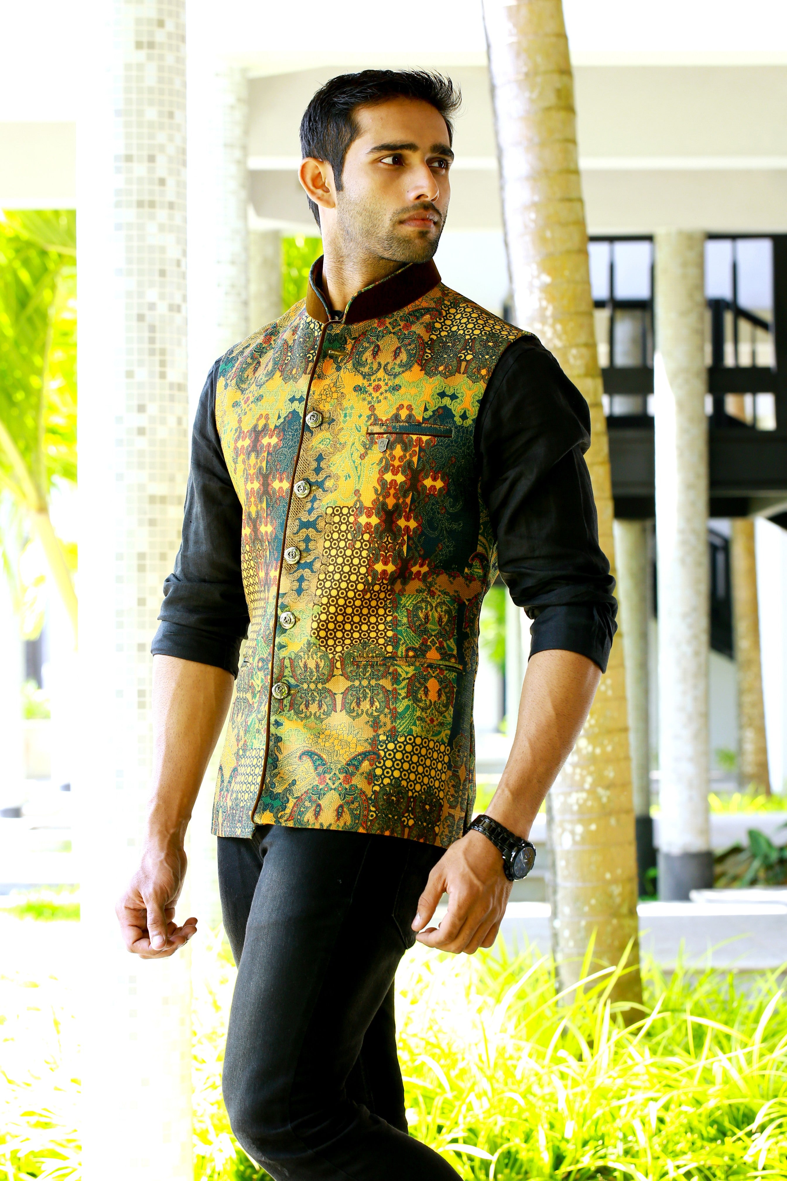 Graffiti Print Nehru Jacket with Black Shirt & Black Bottom