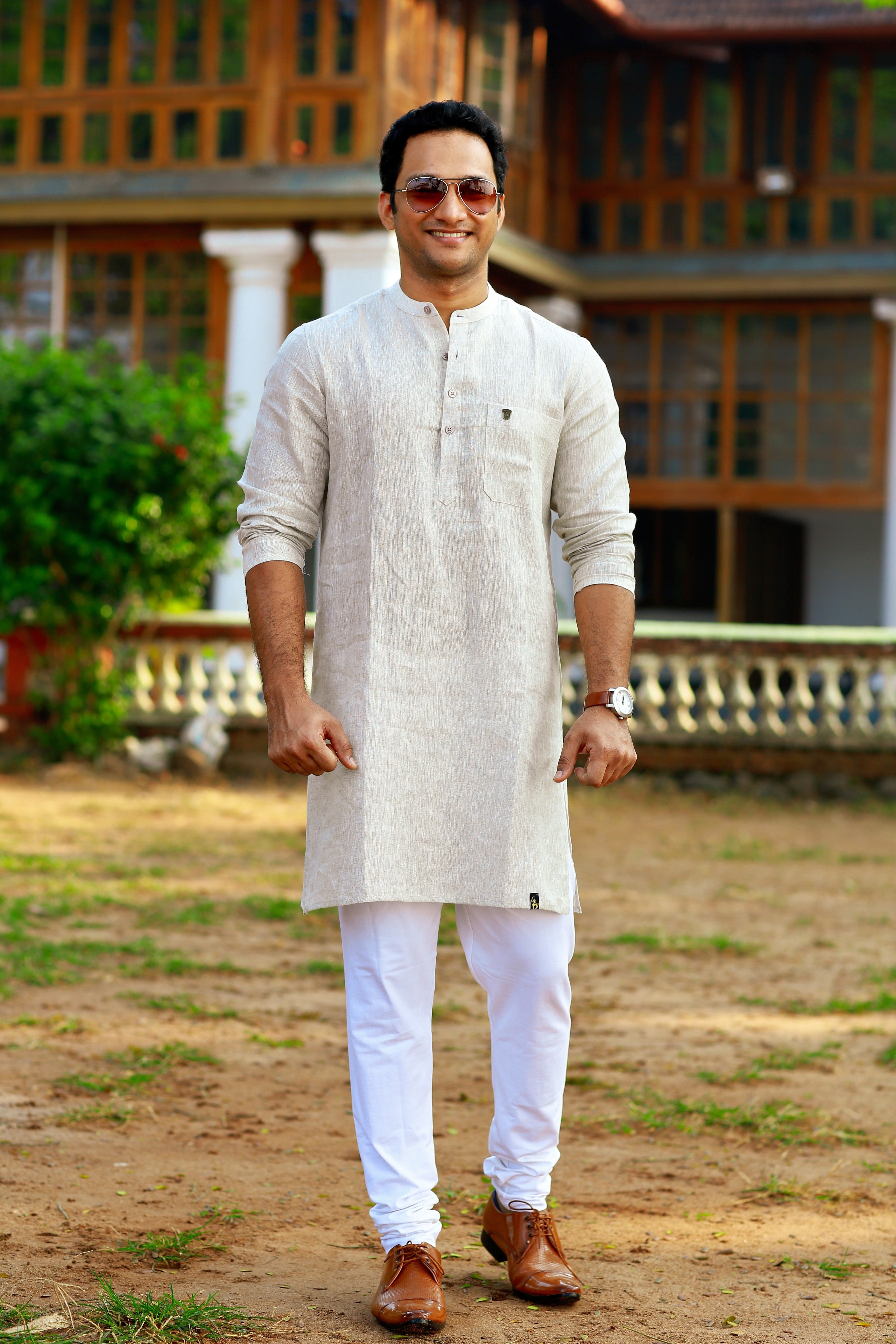 Ivory Beige Linen Kurta Set (Kurta + White Bottom Pants)