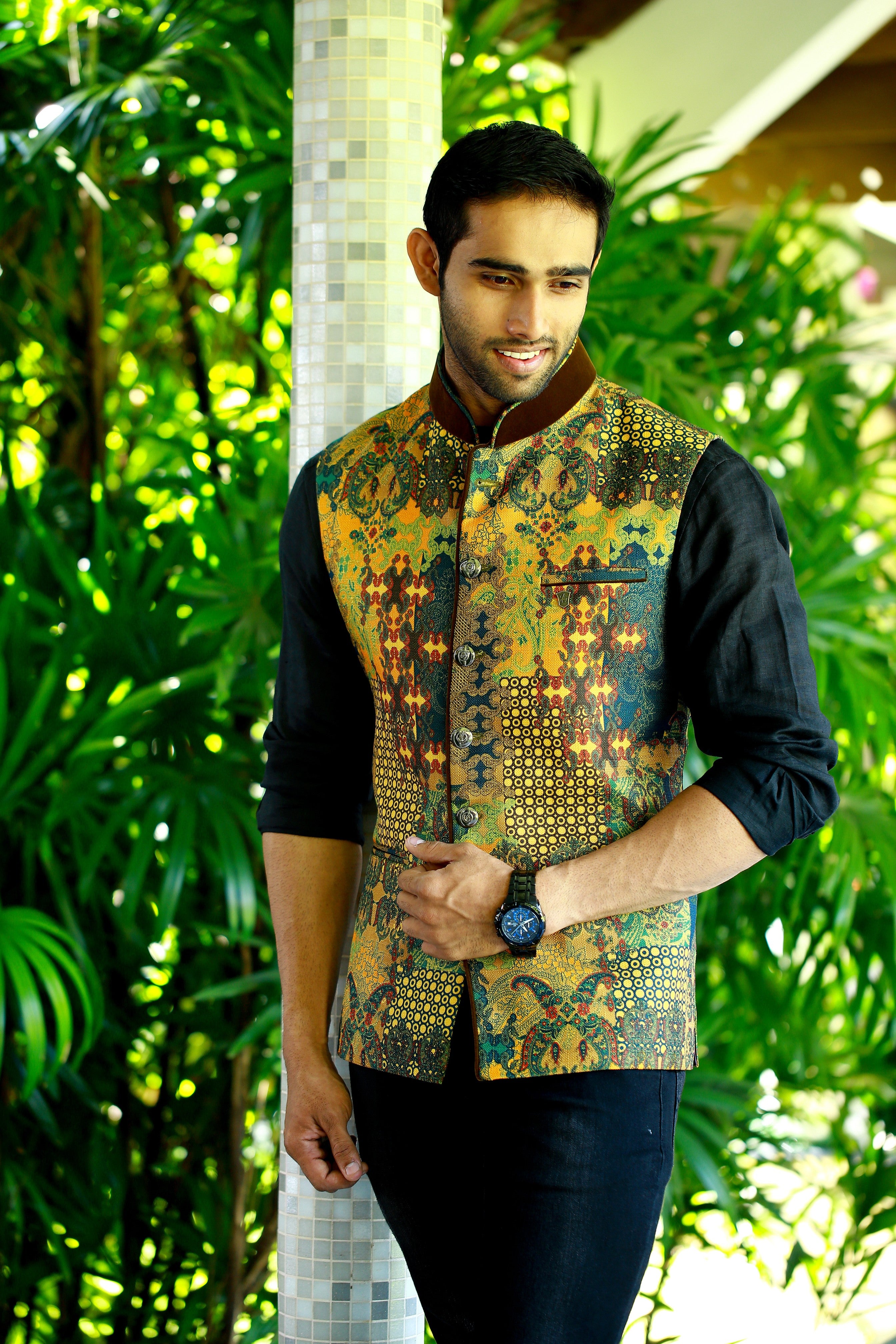 Graffiti Print Nehru Jacket with Black Shirt & Black Bottom