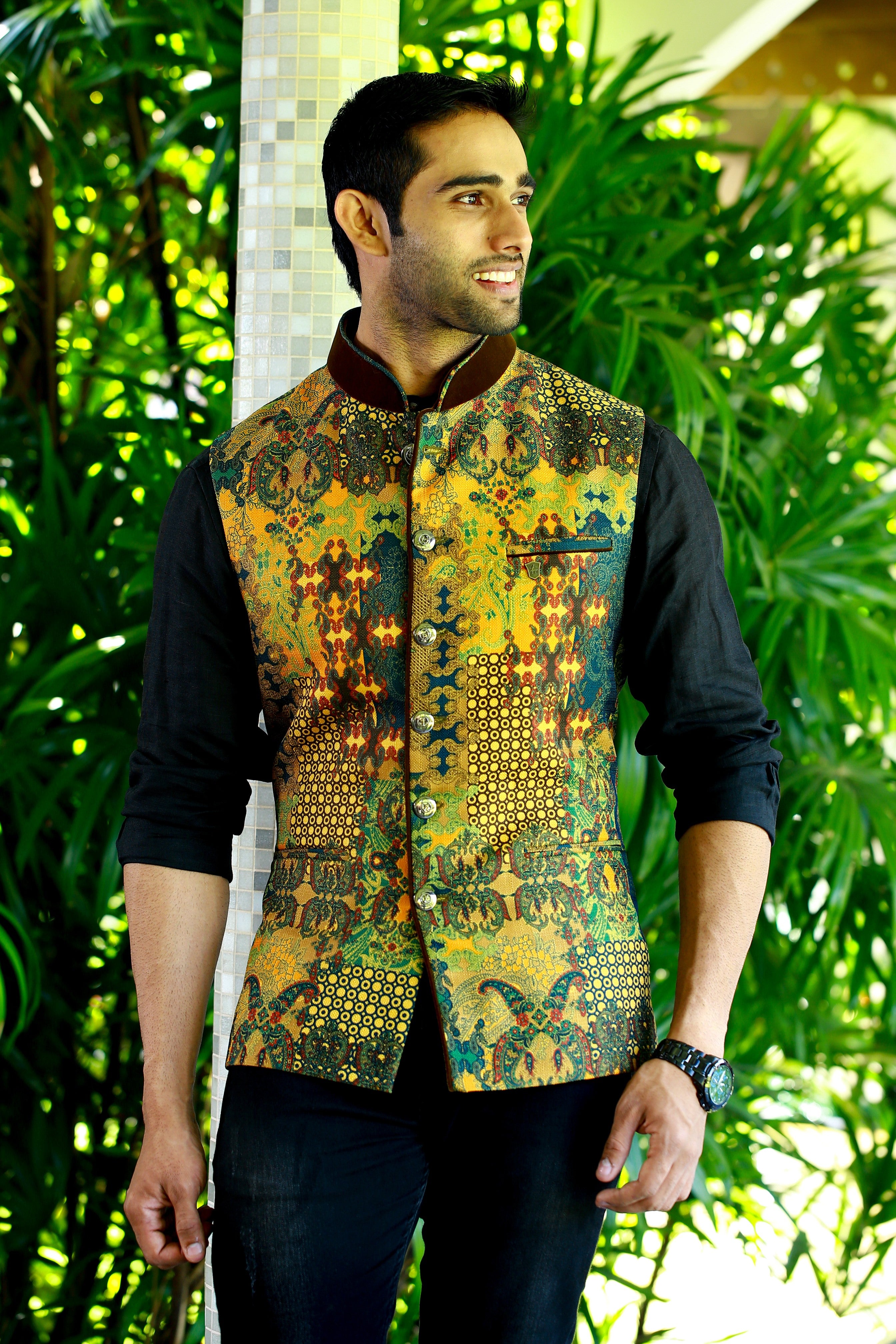 Graffiti Print Nehru Jacket with Black Shirt & Black Bottom