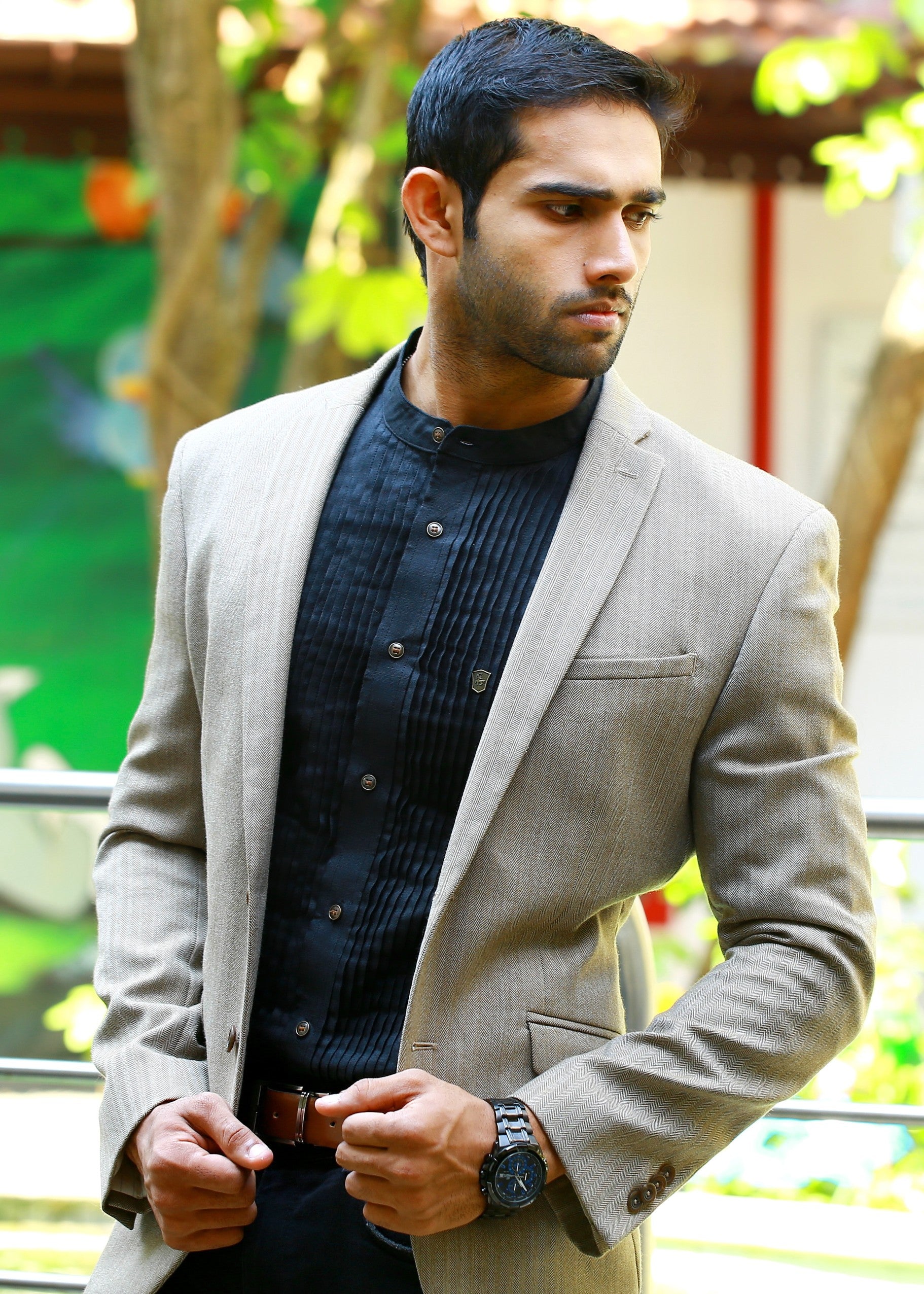 Beige Casual Blazer Set with Black Pleated Shirt & Pants