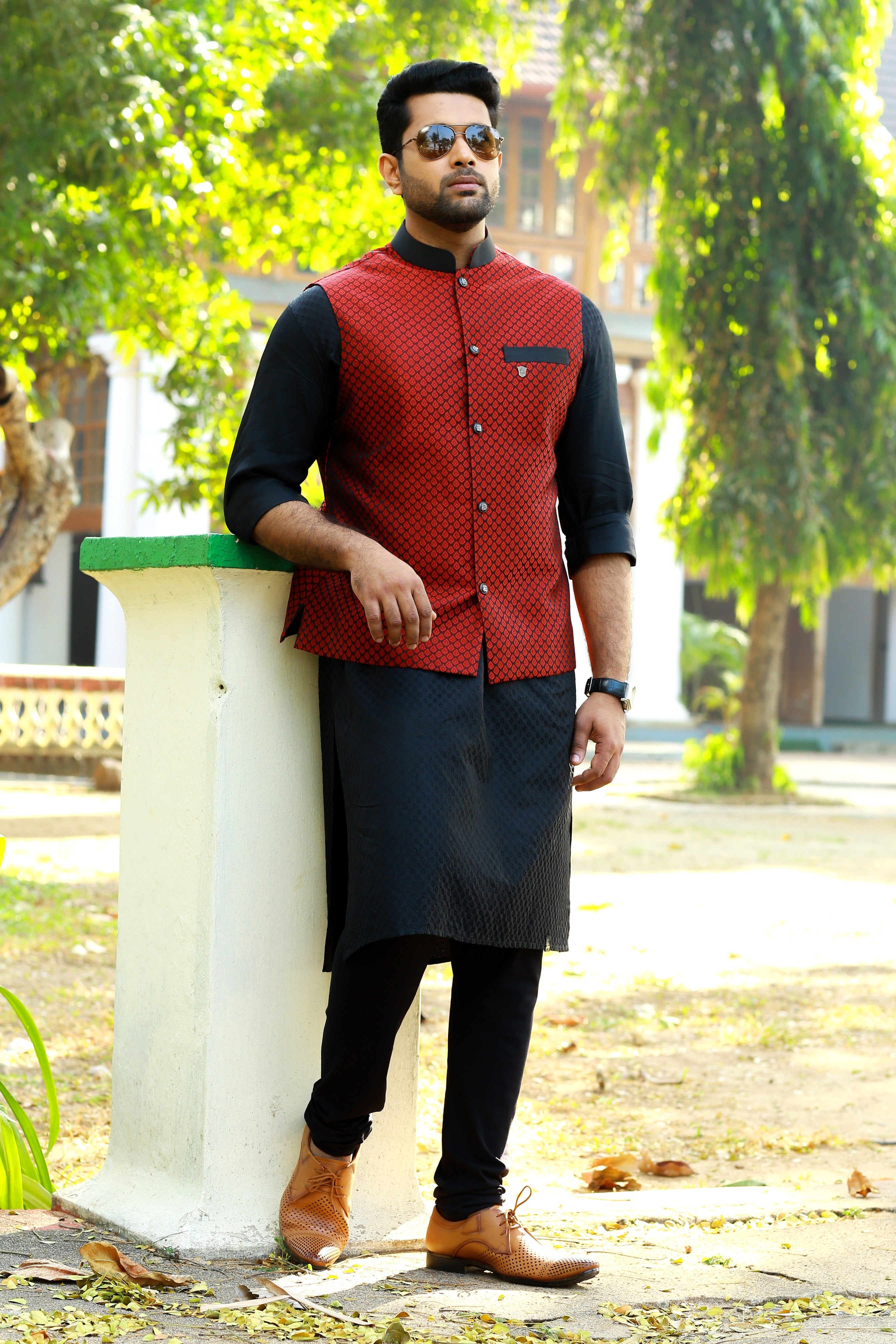Scarlet Red Brocade Nehru Jacket with Black Kurta & Black Bottom