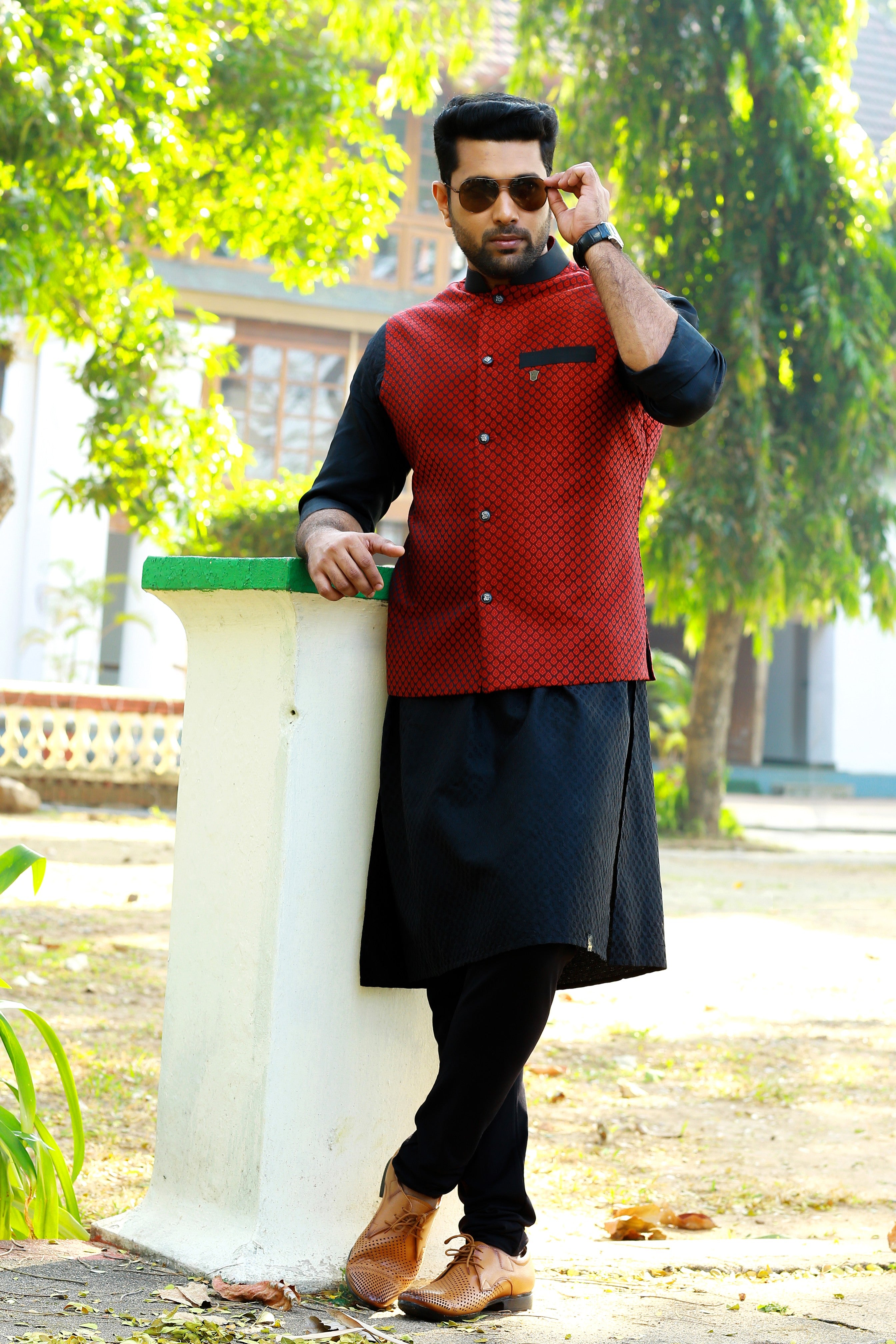 Scarlet Red Brocade Nehru Jacket with Black Kurta & Black Bottom