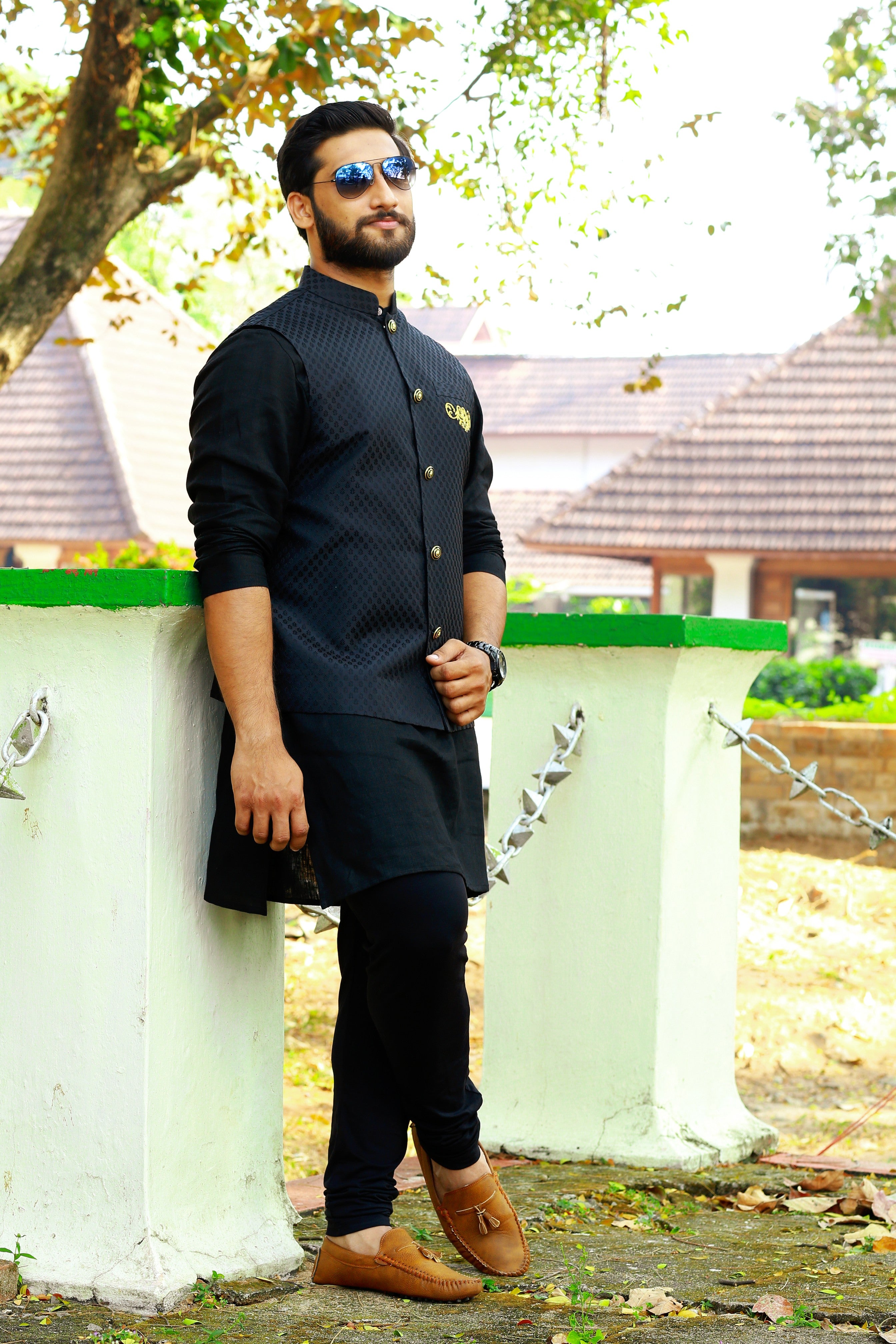 Sable Black Brocade Nehru Jacket with Black Kurta & Black Bottom