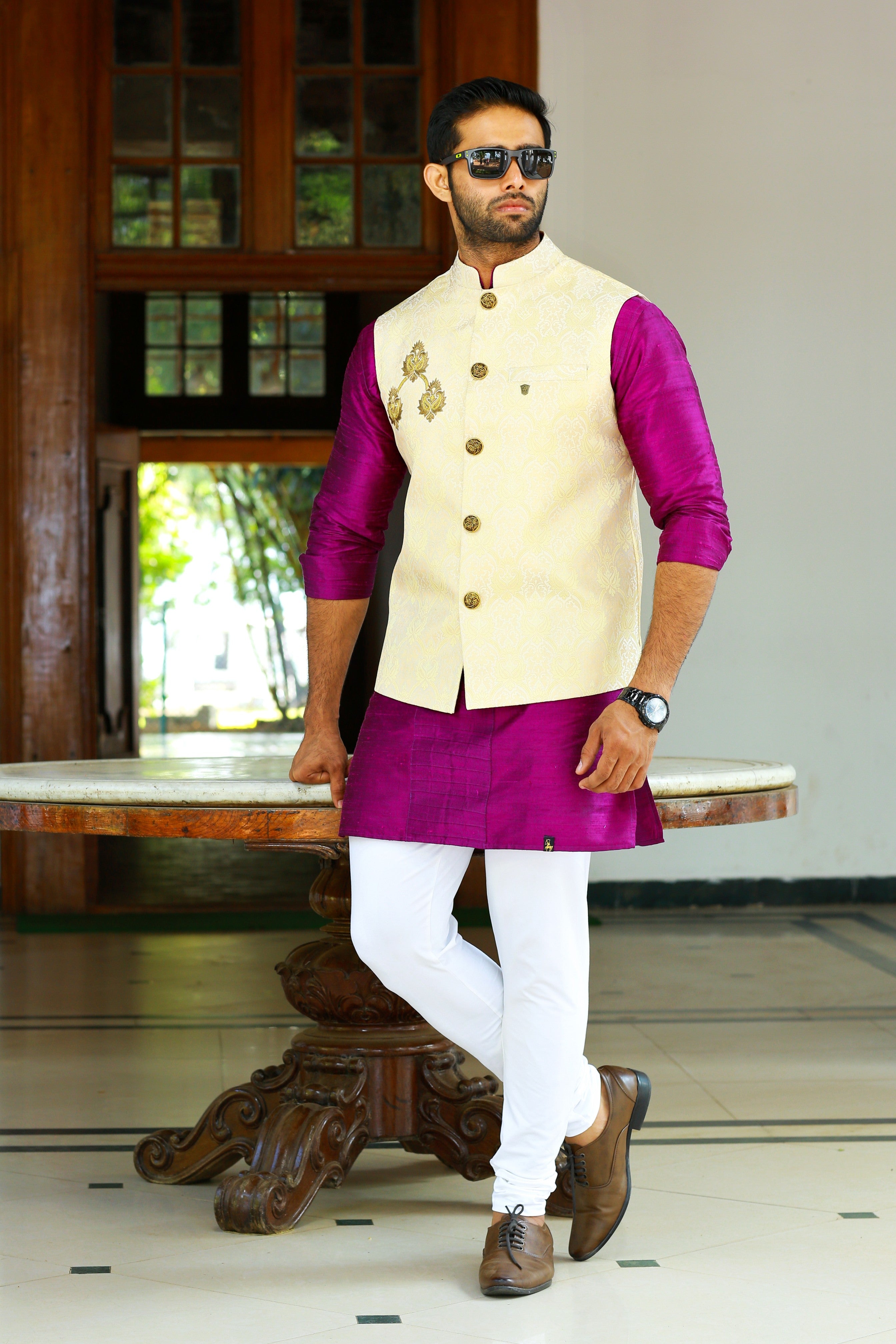 Buff Cream Brocade Nehru Jacket with Purple Kurta & White Bottom (Set of 3)