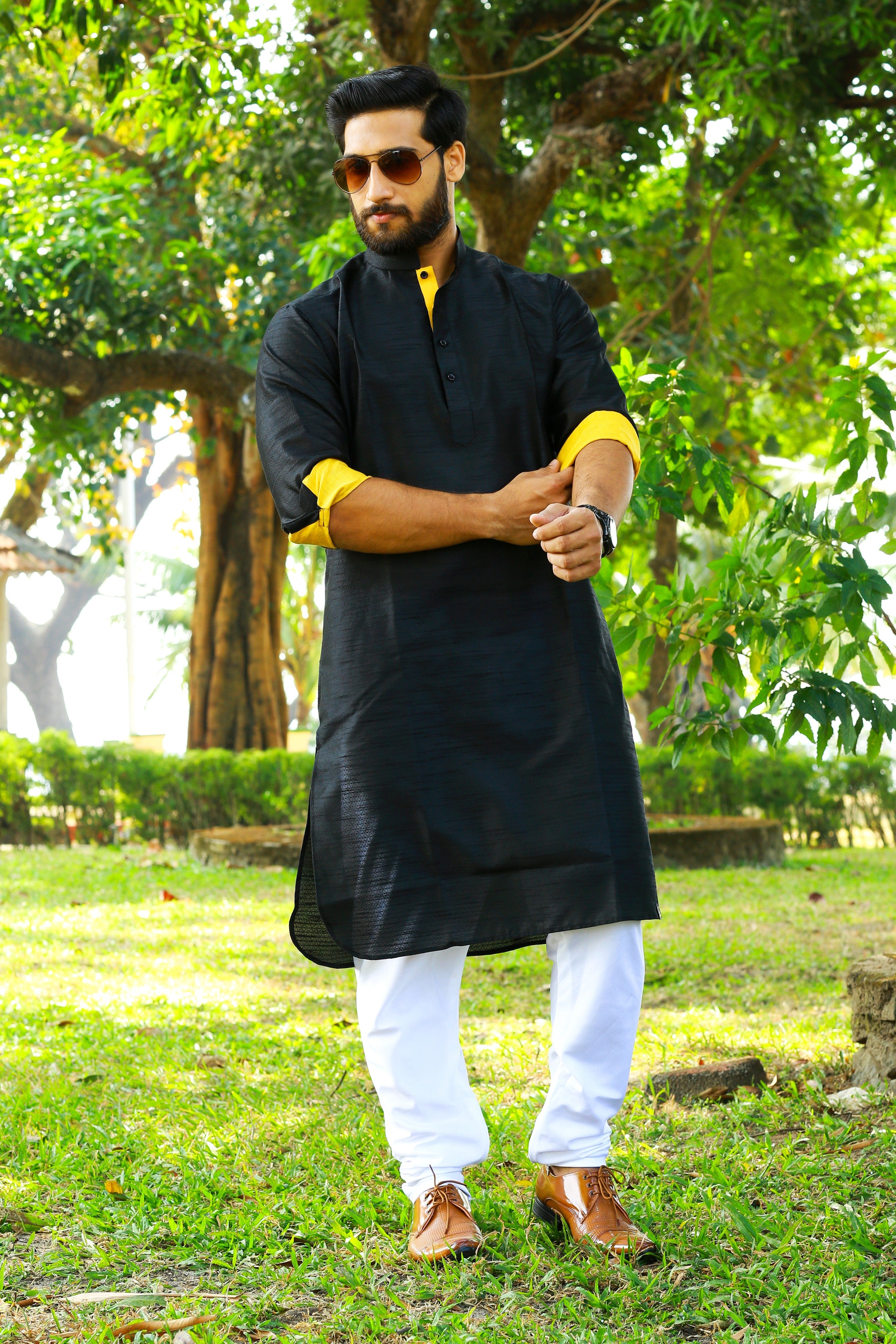 Onyx Black Kurta Set With Yellow Contrast Yellow Detailing (Kurta + White Bottom Pants)