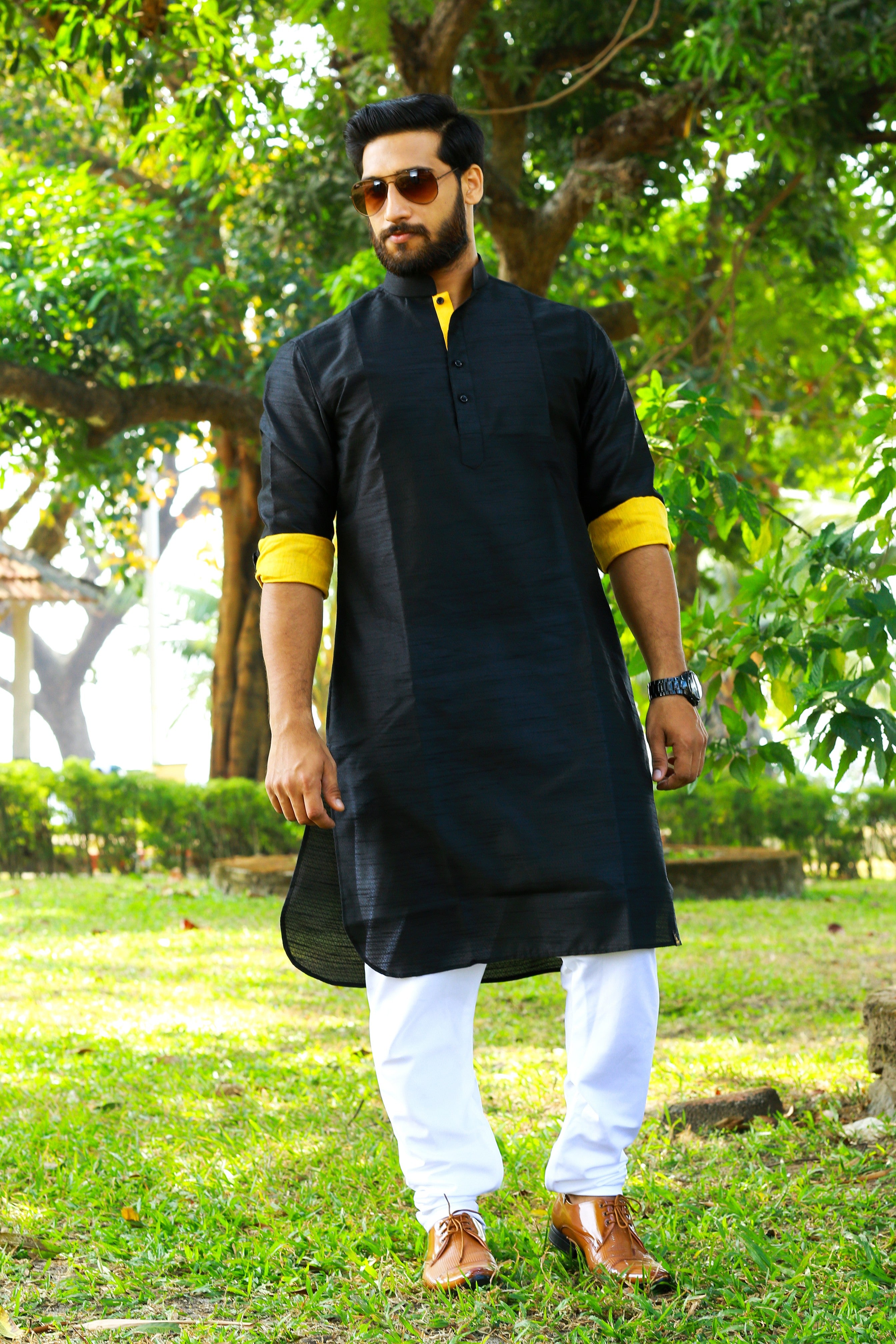 Onyx Black Kurta Set With Yellow Contrast Yellow Detailing (Kurta + White Bottom Pants)