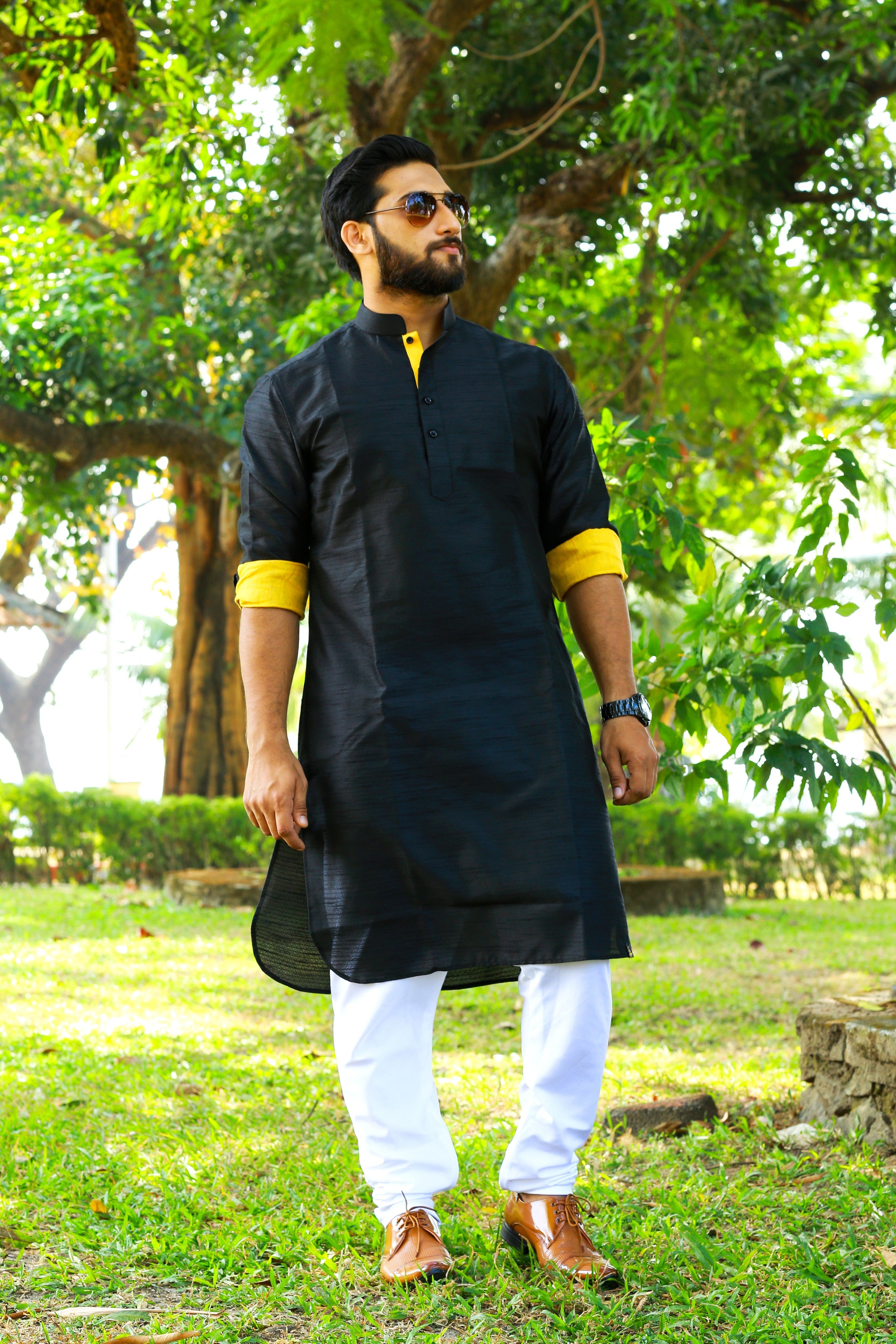 Onyx Black Kurta Set With Yellow Contrast Yellow Detailing (Kurta + White Bottom Pants)