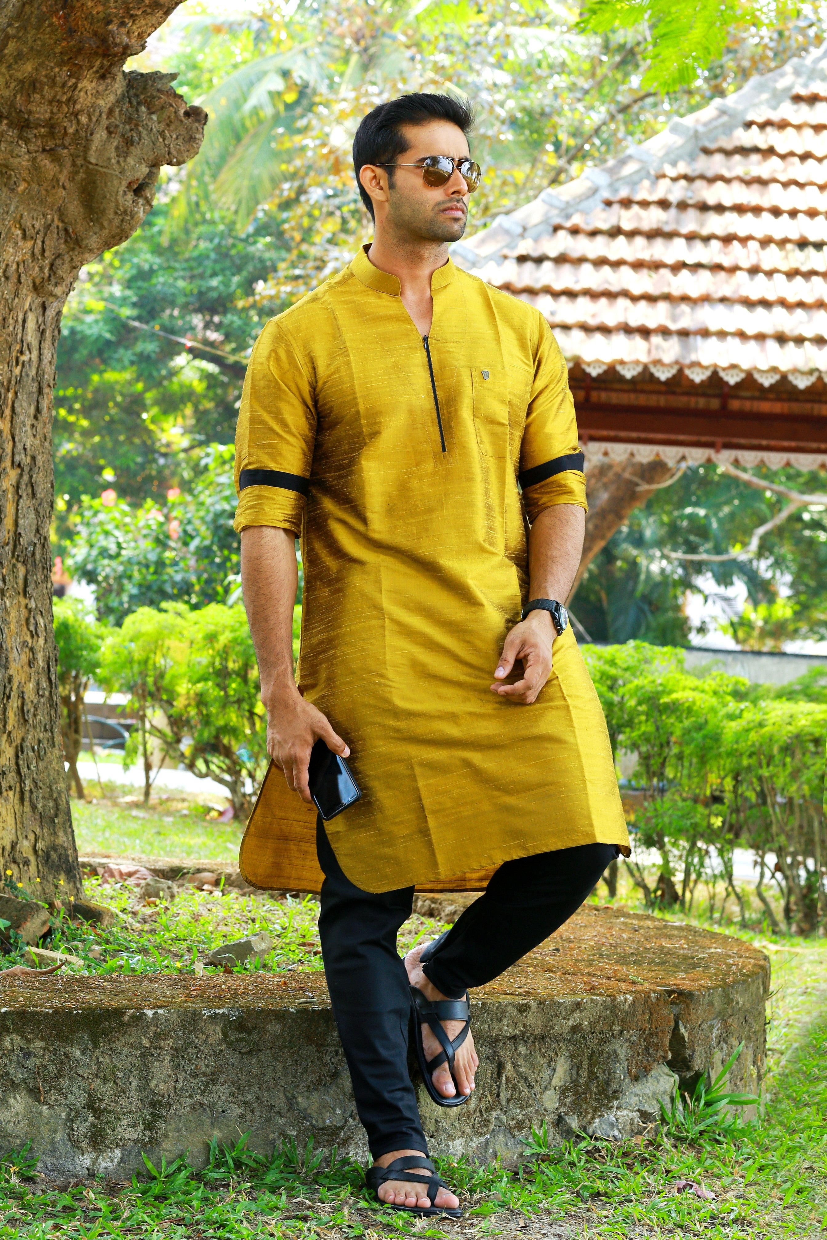 Mustard Yellow Kurta with Black Contrast Detailing (Only Kurta)