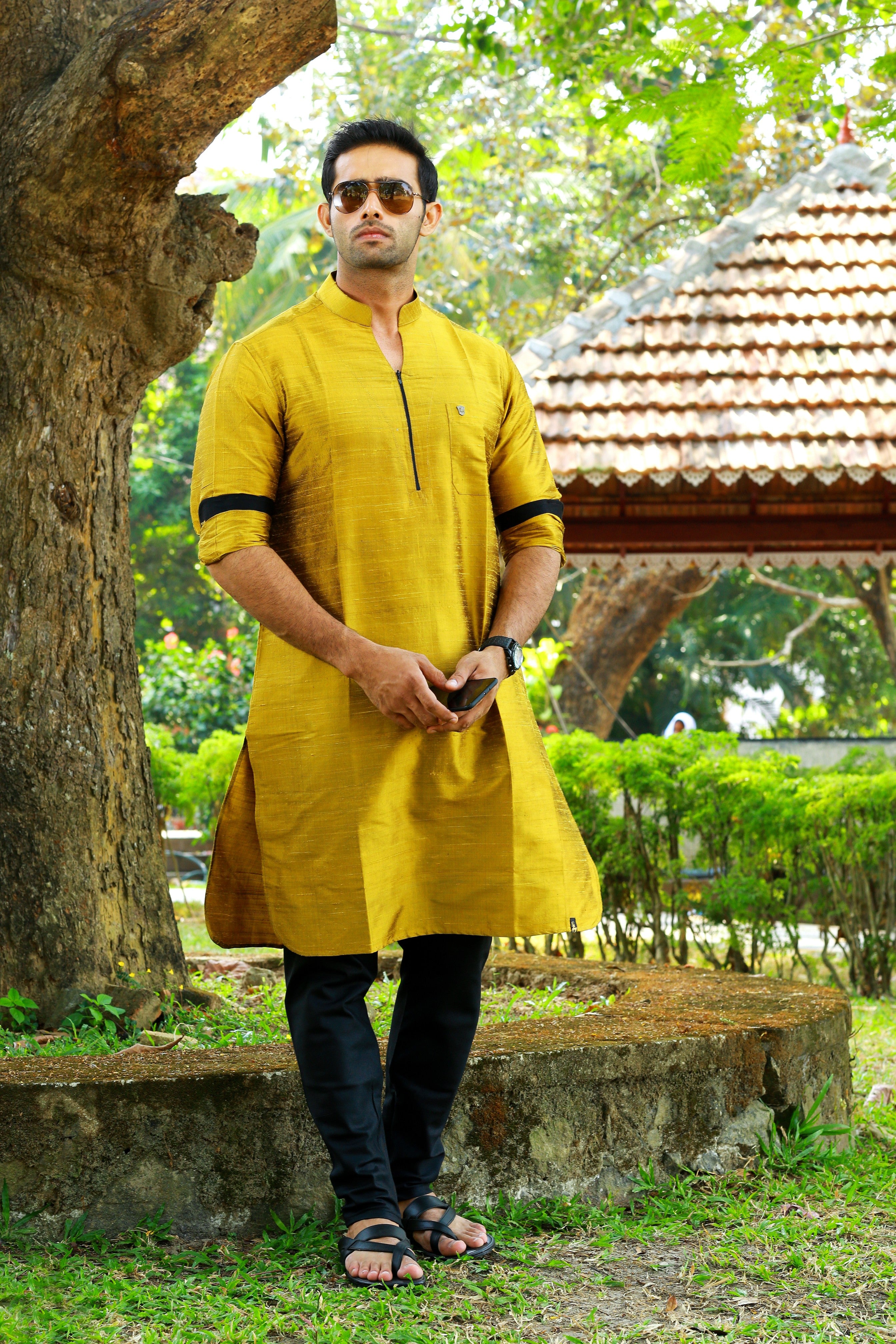 Mustard Yellow Kurta with Black Contrast Detailing (Only Kurta)