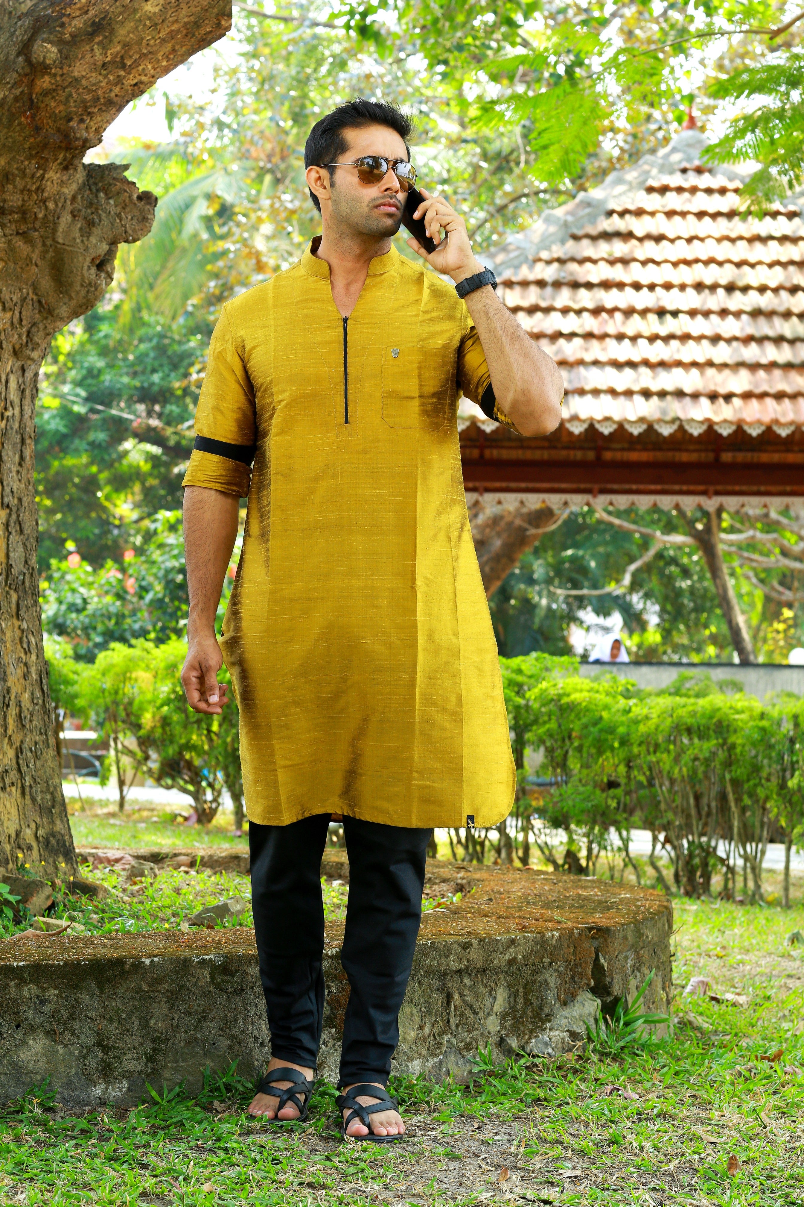 Mustard Yellow Kurta with Black Contrast Detailing (Only Kurta)