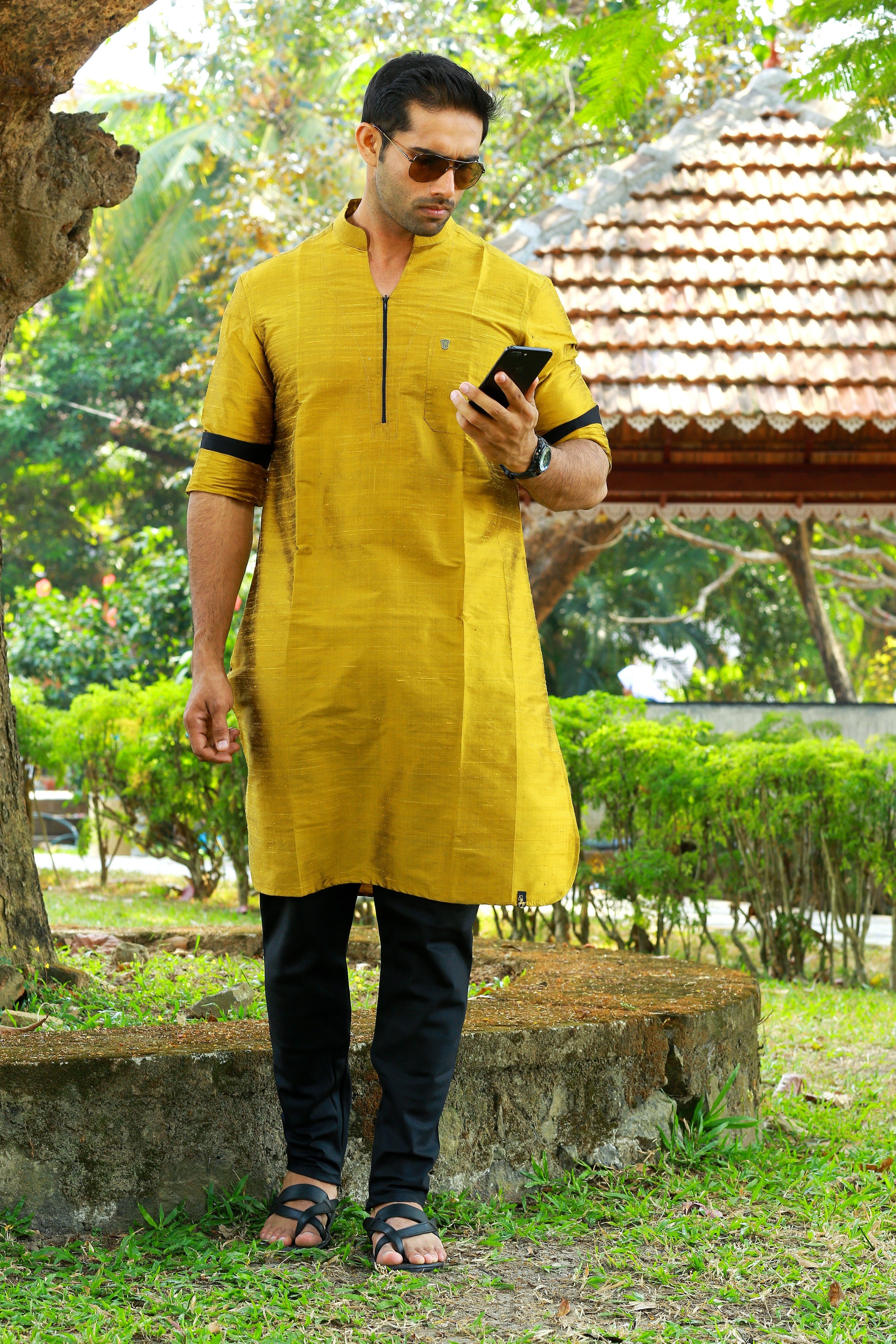 Mustard Yellow Kurta with Black Contrast Detailing (Only Kurta)