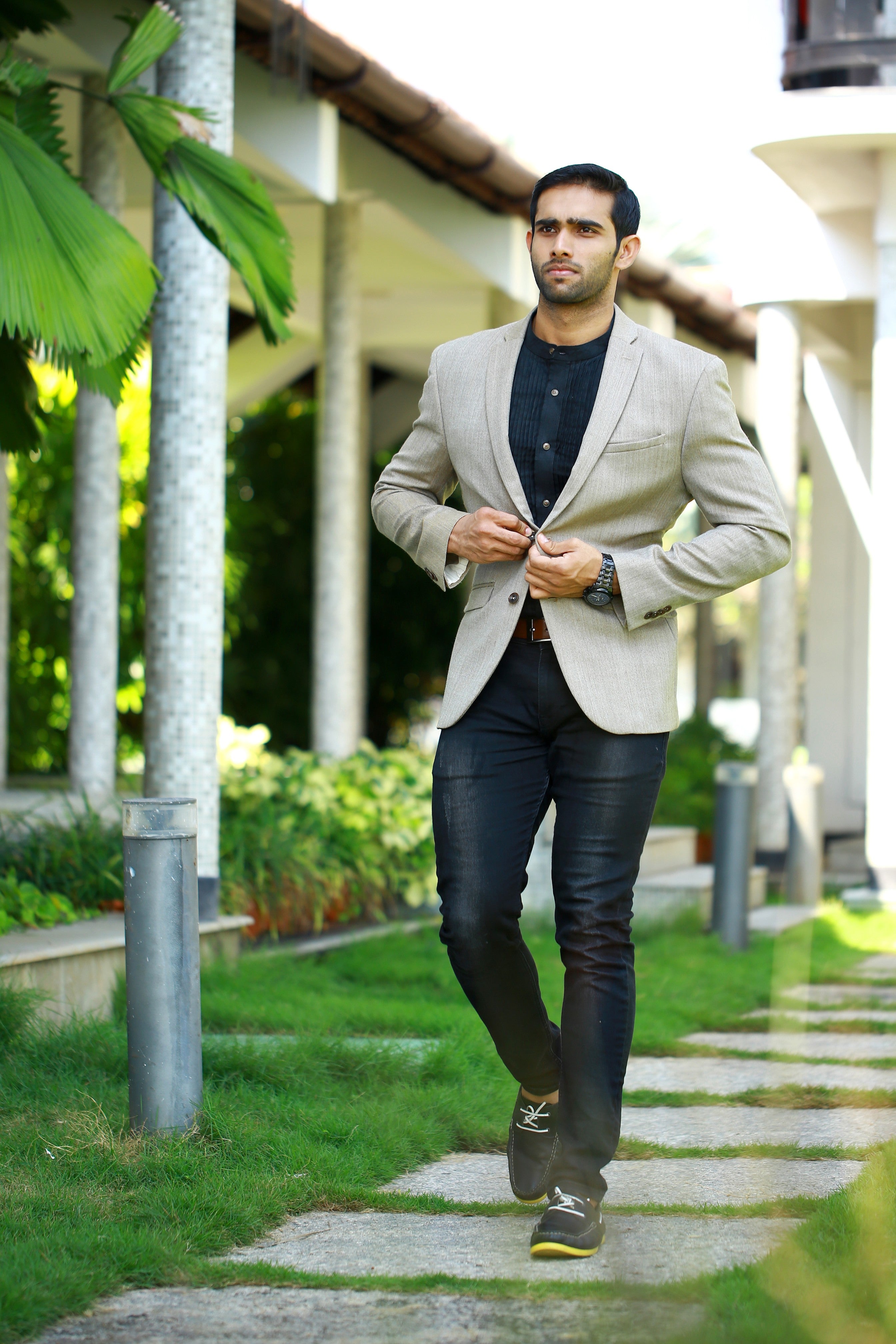 Beige Casual Blazer Set with Black Pleated Shirt & Pants