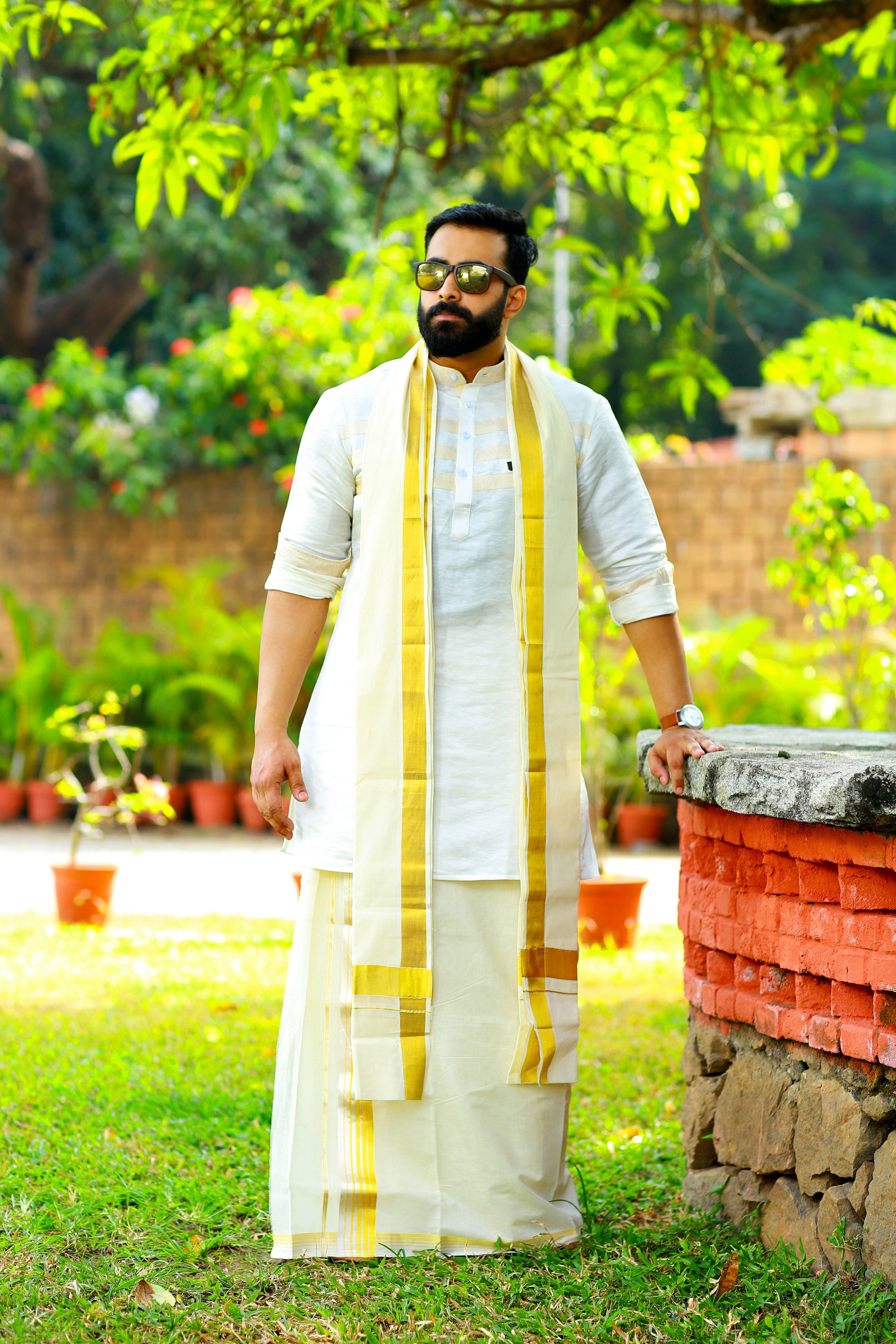 Off White Silk Kurta with Tissue Gold Detailing on Chest (Only Kurta)