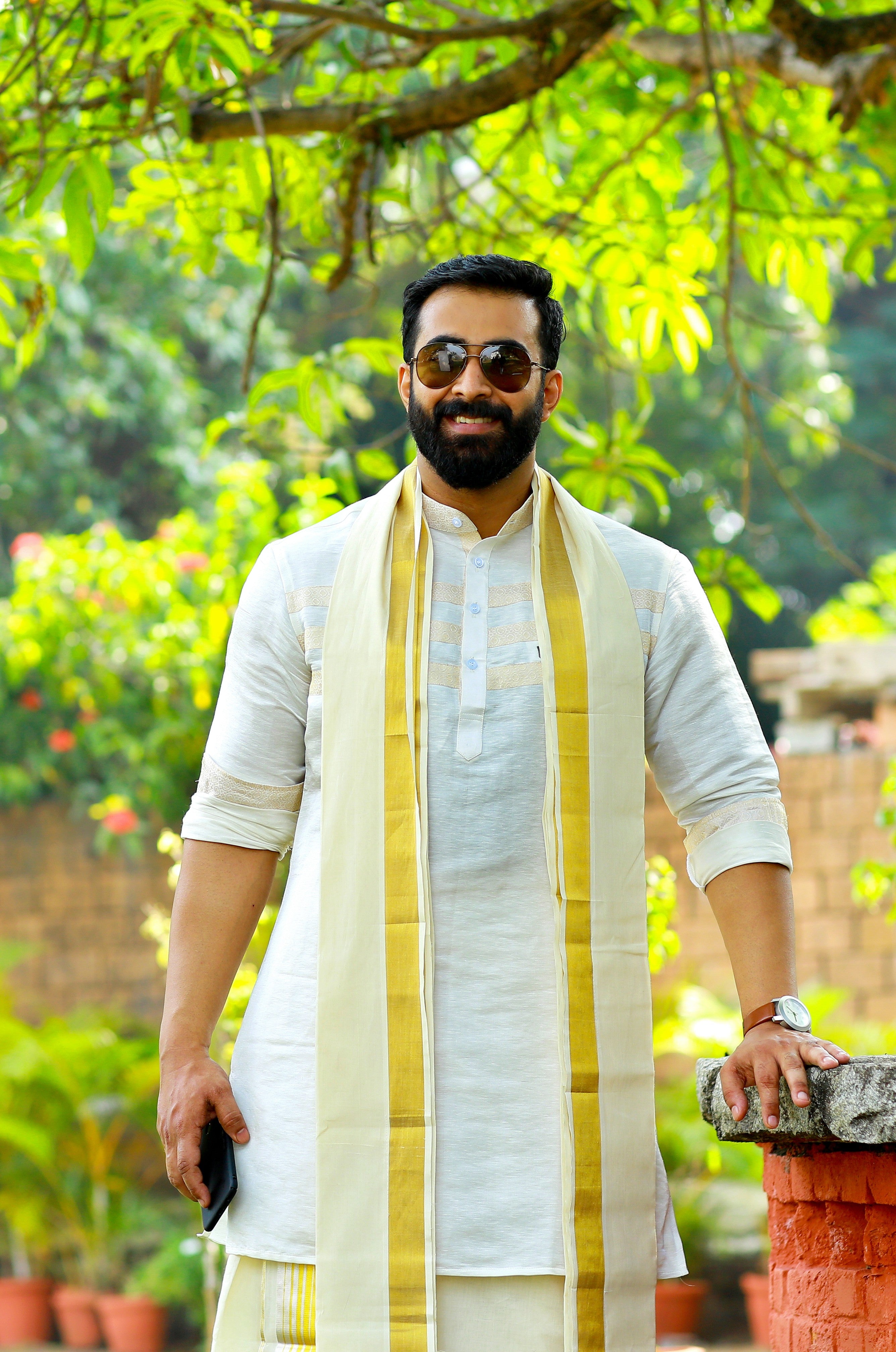 Off White Silk Kurta with Tissue Gold Detailing on Chest (Only Kurta)