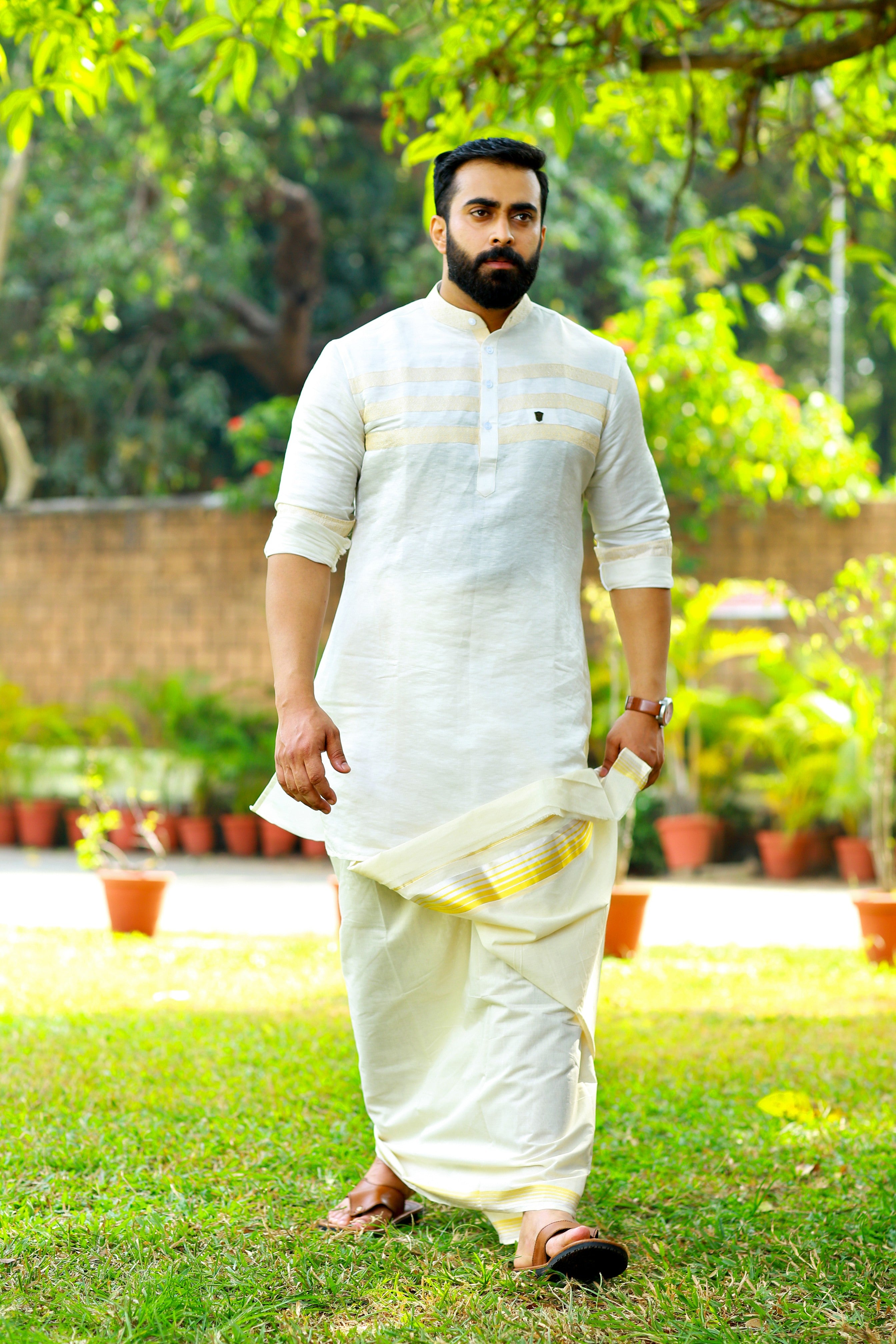 Off White Silk Kurta with Tissue Gold Detailing on Chest (Only Kurta)