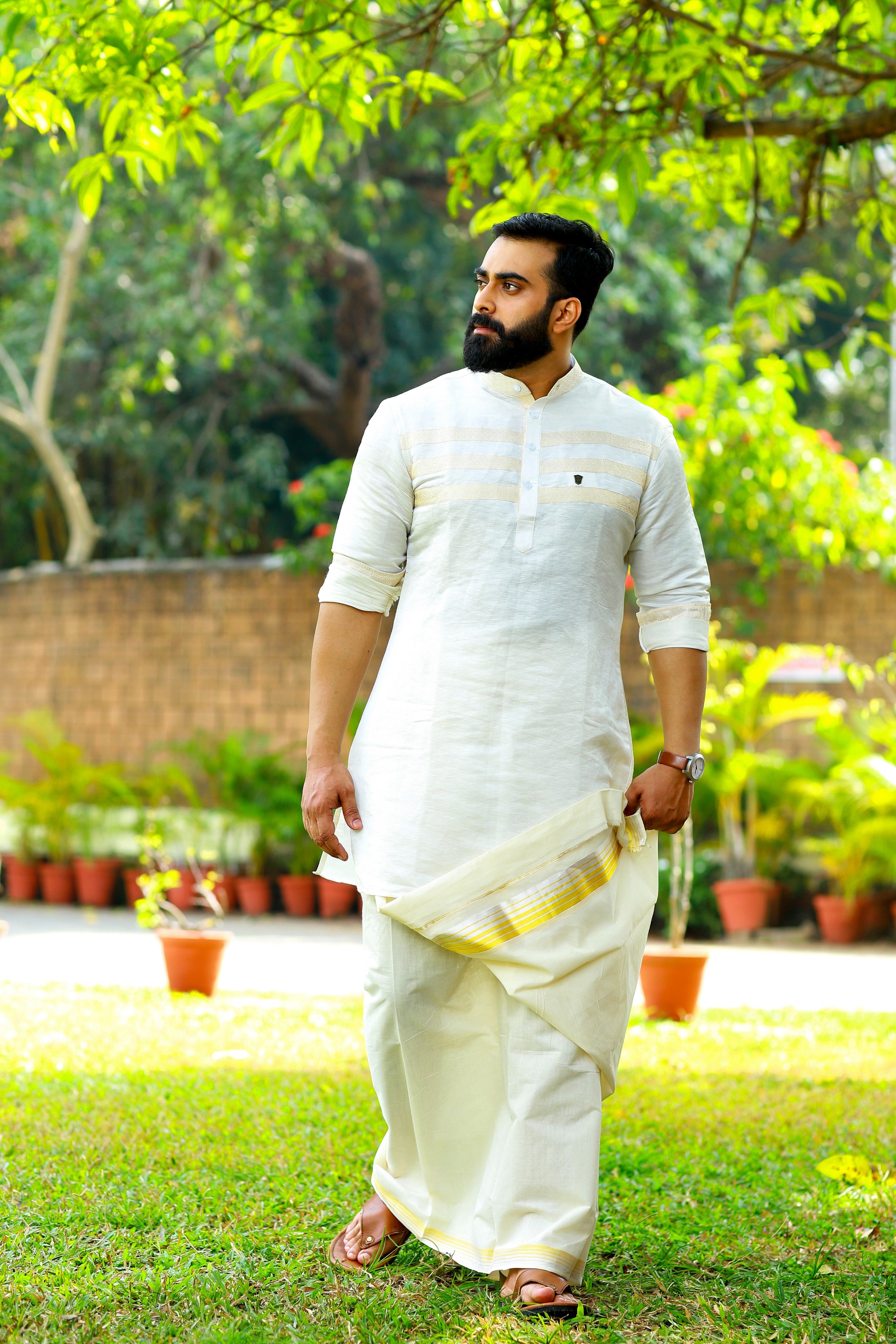 Off White Silk Kurta Set with Tissue Gold Detailing on Chest (Kurta + Kasavu Munde)