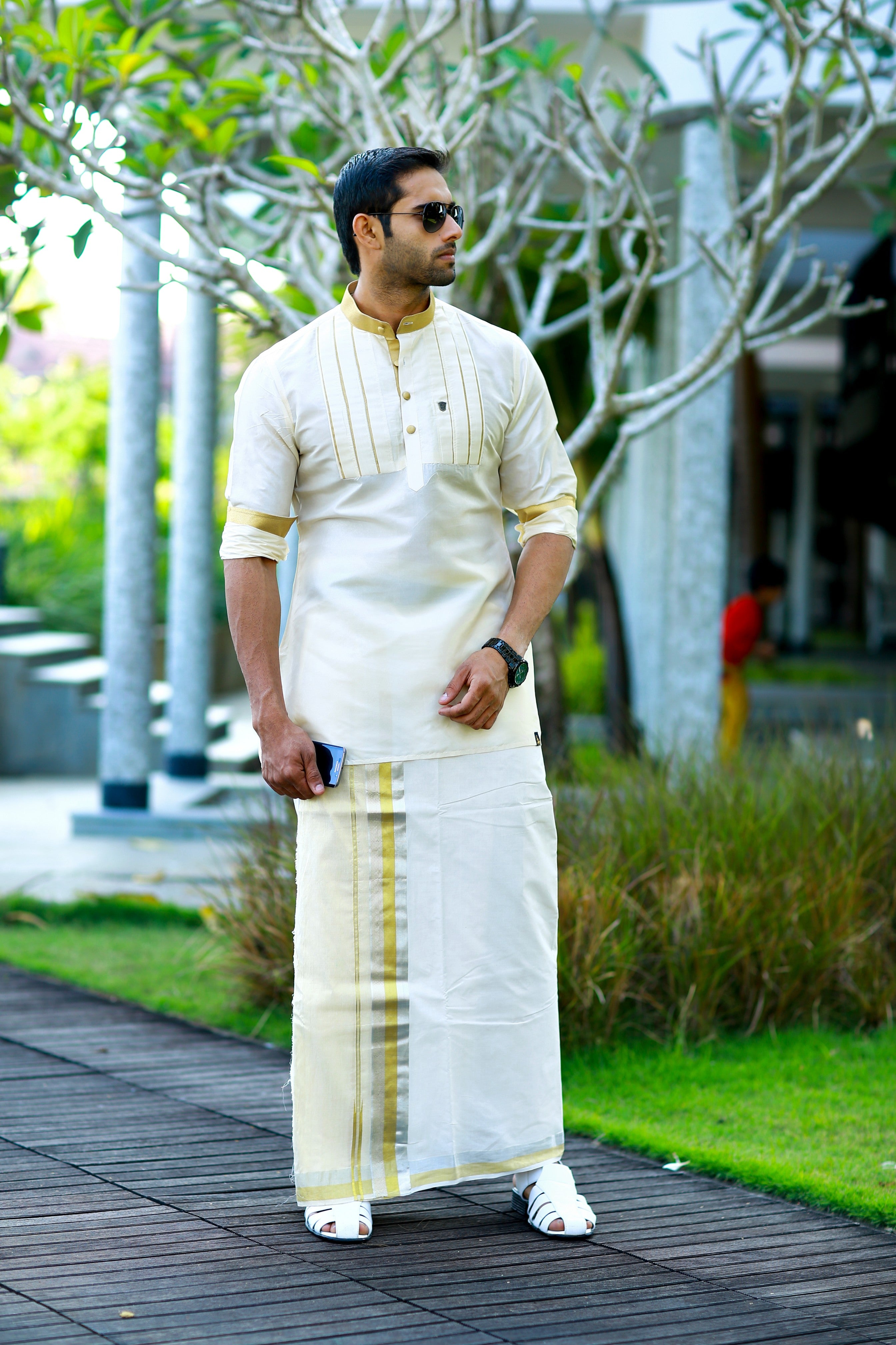 Off White Vertical Pleat Silk Kurta with Golden Zari Detailing on Neck, Placket & Sleeves (Only Kurta)