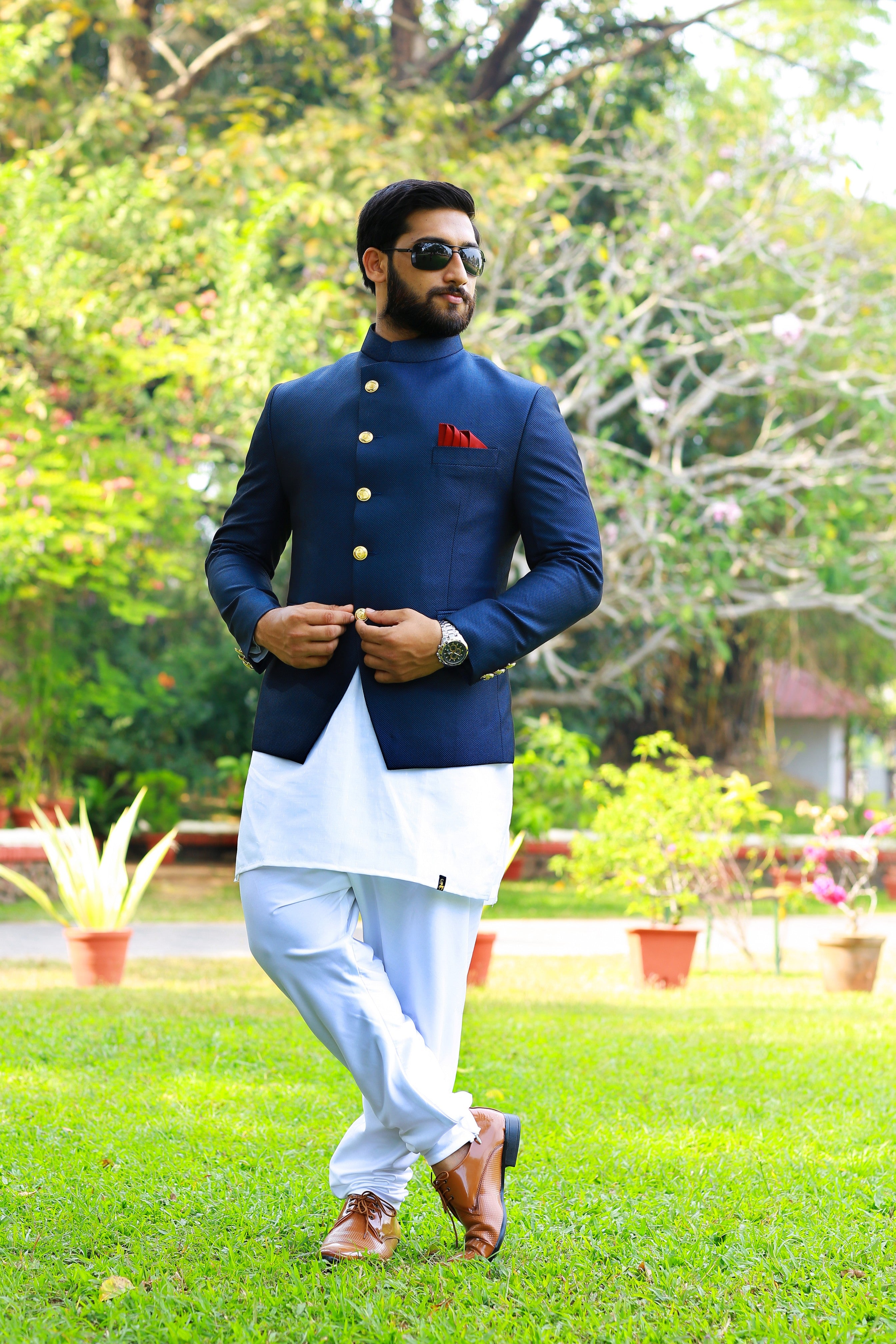 Midnight Blue Indo Western Bandhgala Suit With Thread Handwork Detailing paired with White Kurta & White Narrow Pants