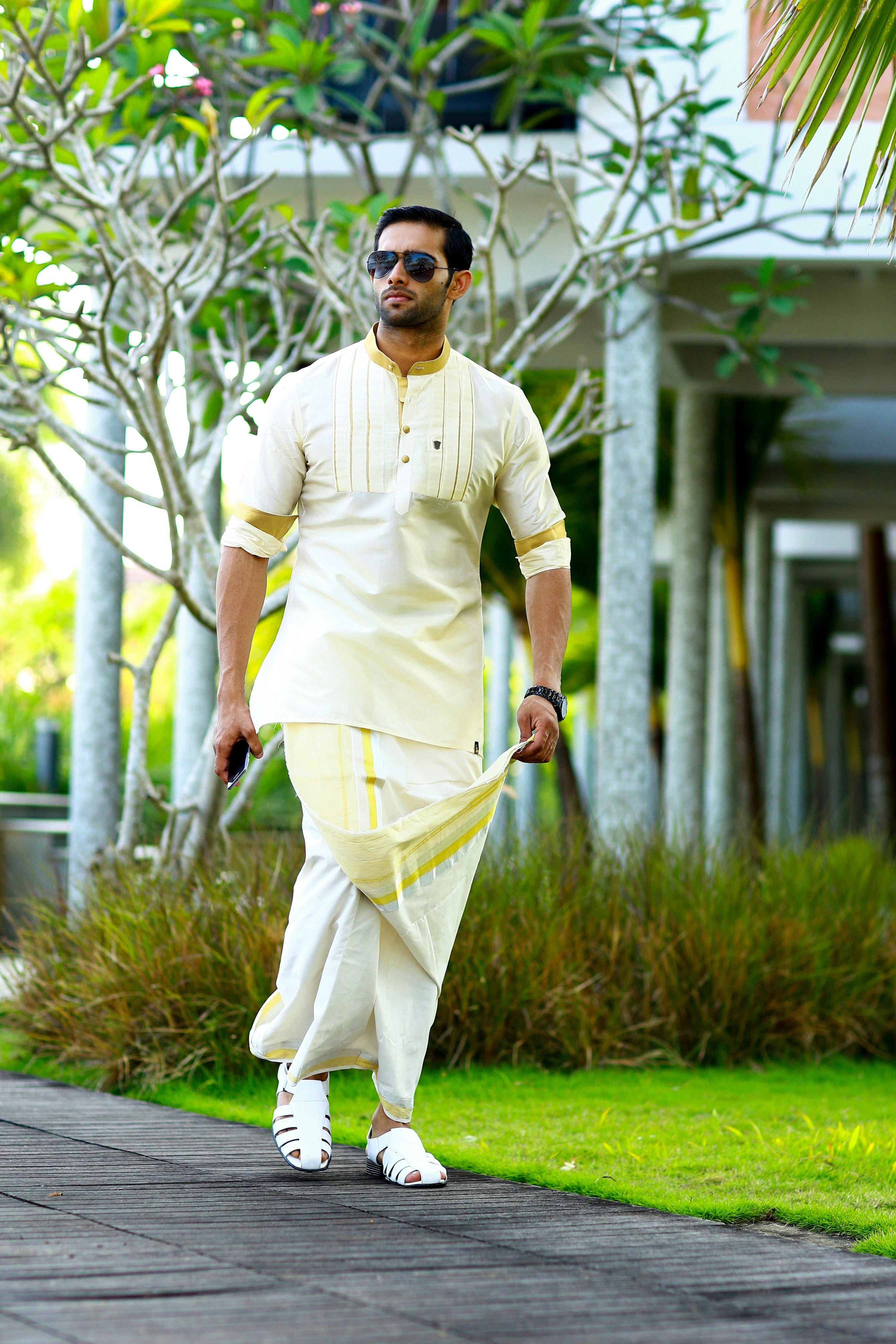 Off White Vertical Pleat Silk Kurta with Golden Zari Detailing on Neck, Placket & Sleeves (Only Kurta)