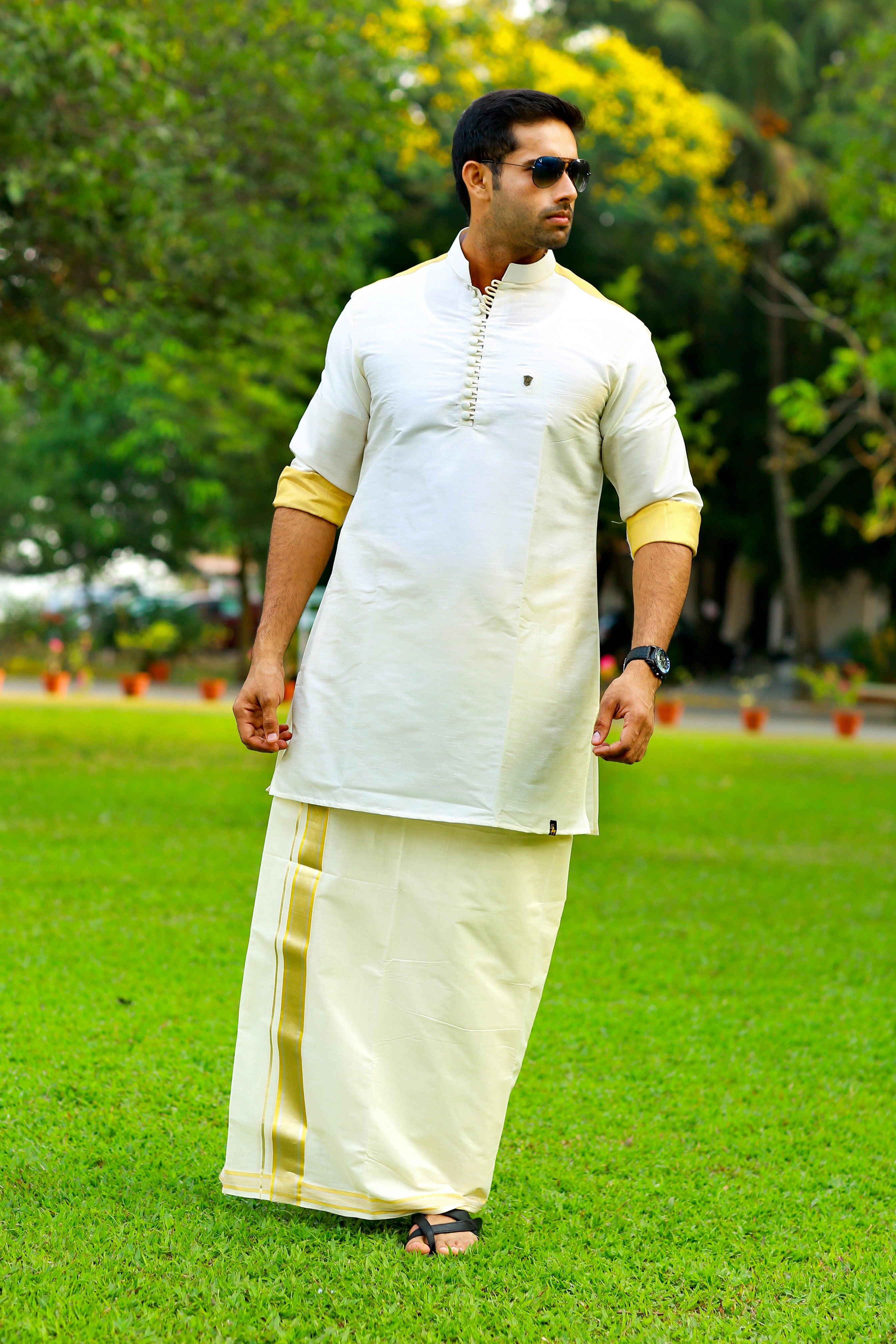 Off White Silk Kurta With Golden Zari Detailing on Shoulder & Sleeves (Only Kurta)