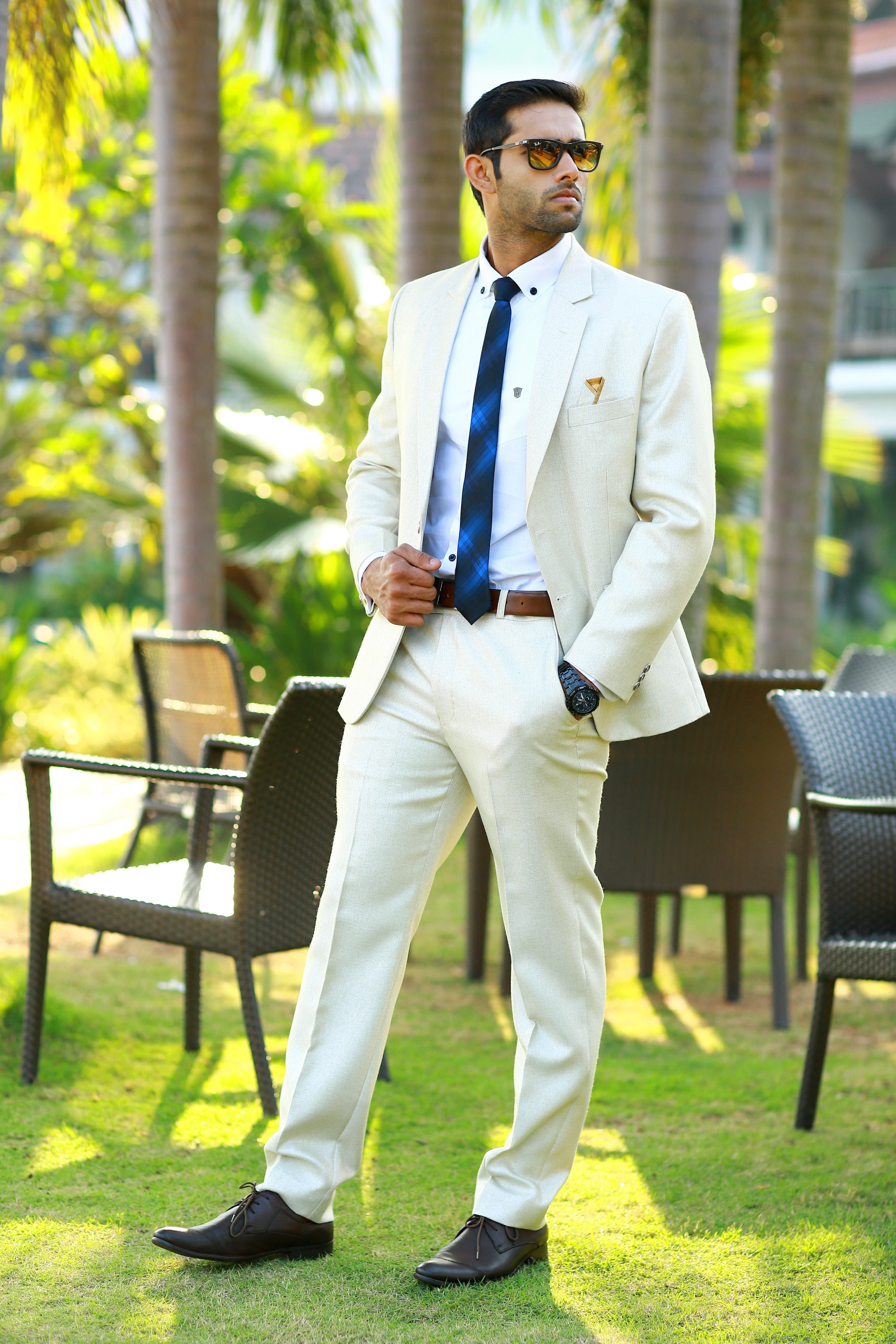 Stone Beige 2 Piece Suit Set with White Shirt
