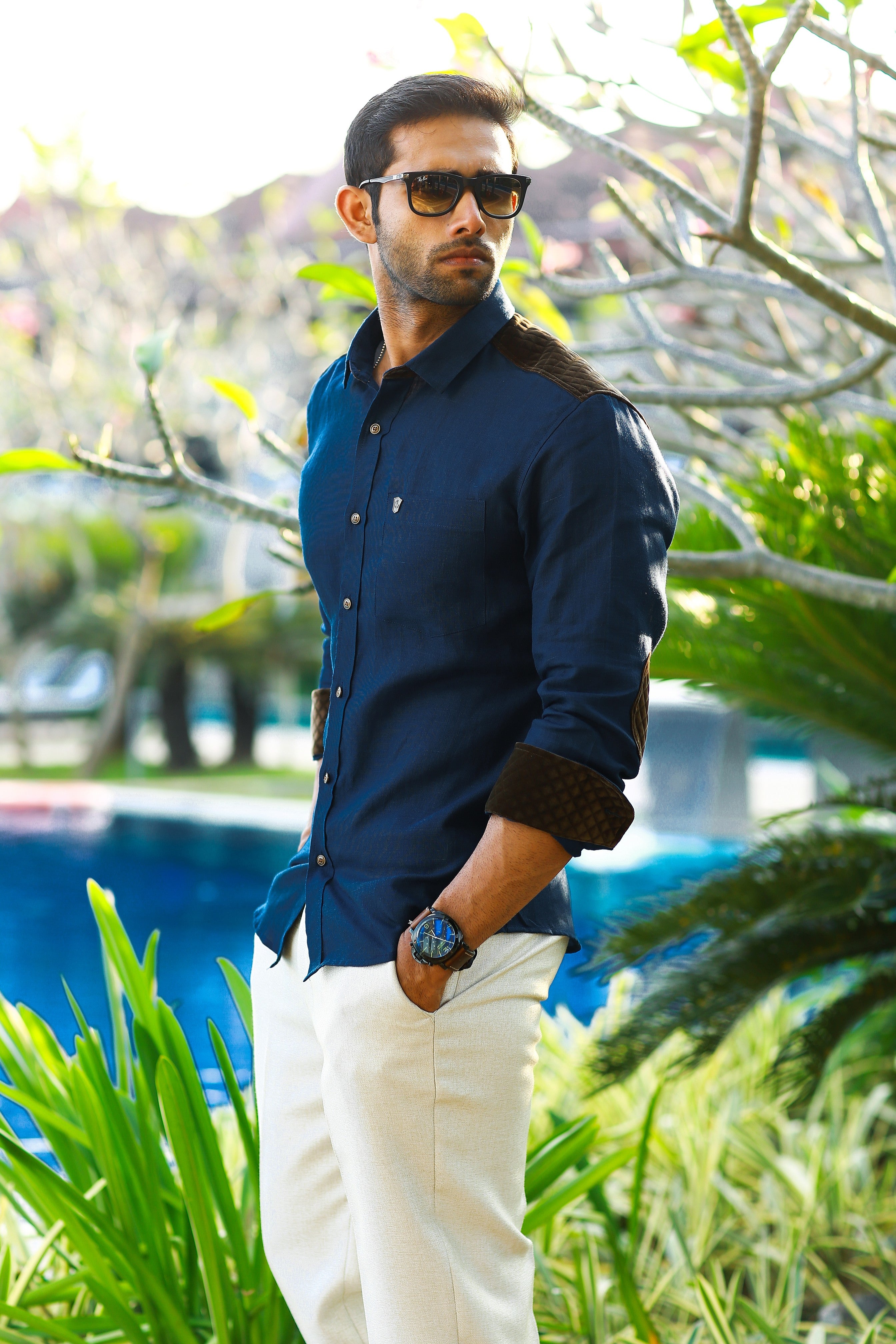 Oxford Blue Linen Shirt With Brown Velvet Detailing on Shoulder & Sleeves (Only Shirt)