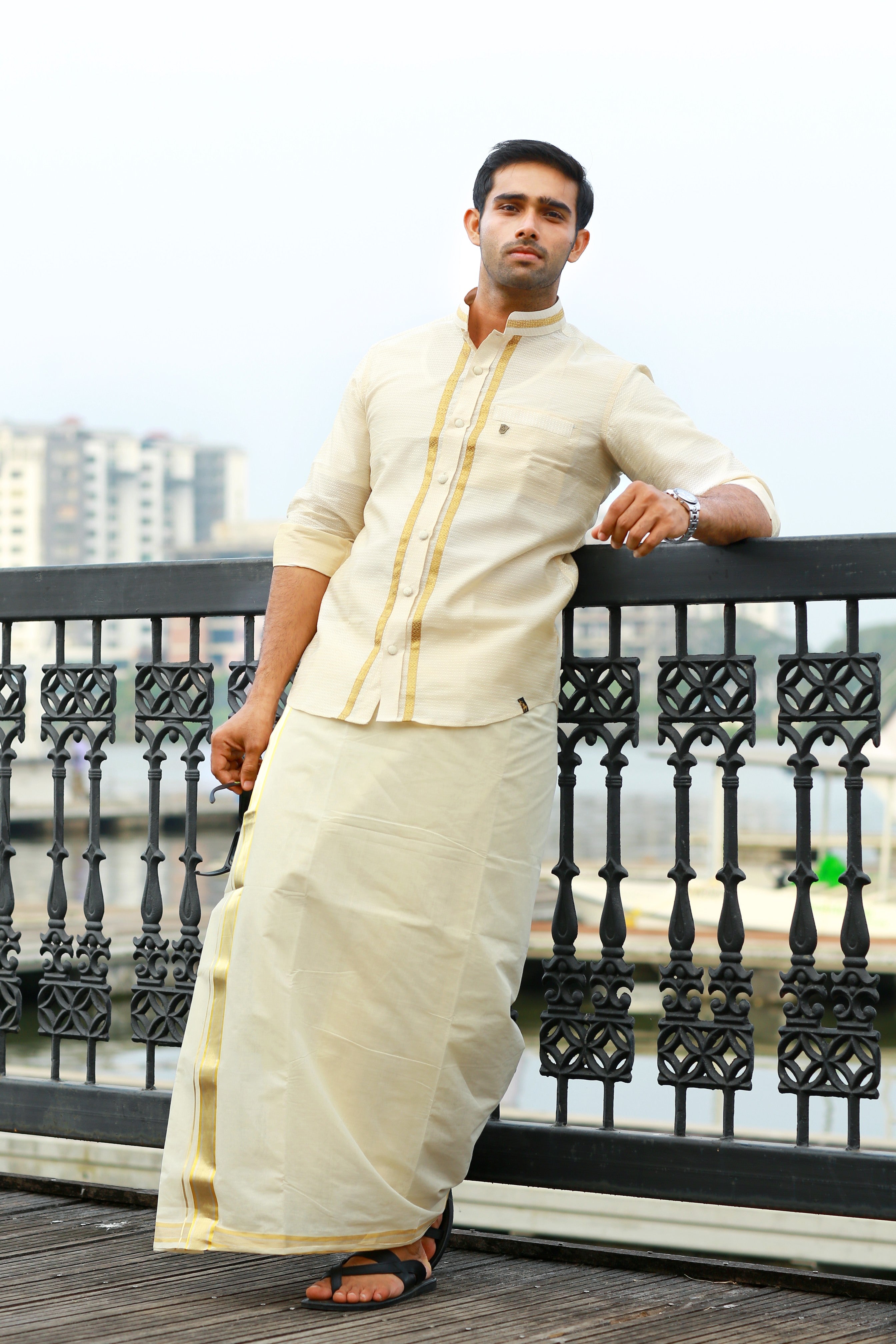 Off White Dotted Silk Chinese Collar Shirt with Gold Zari Detailing (Shirt Only)