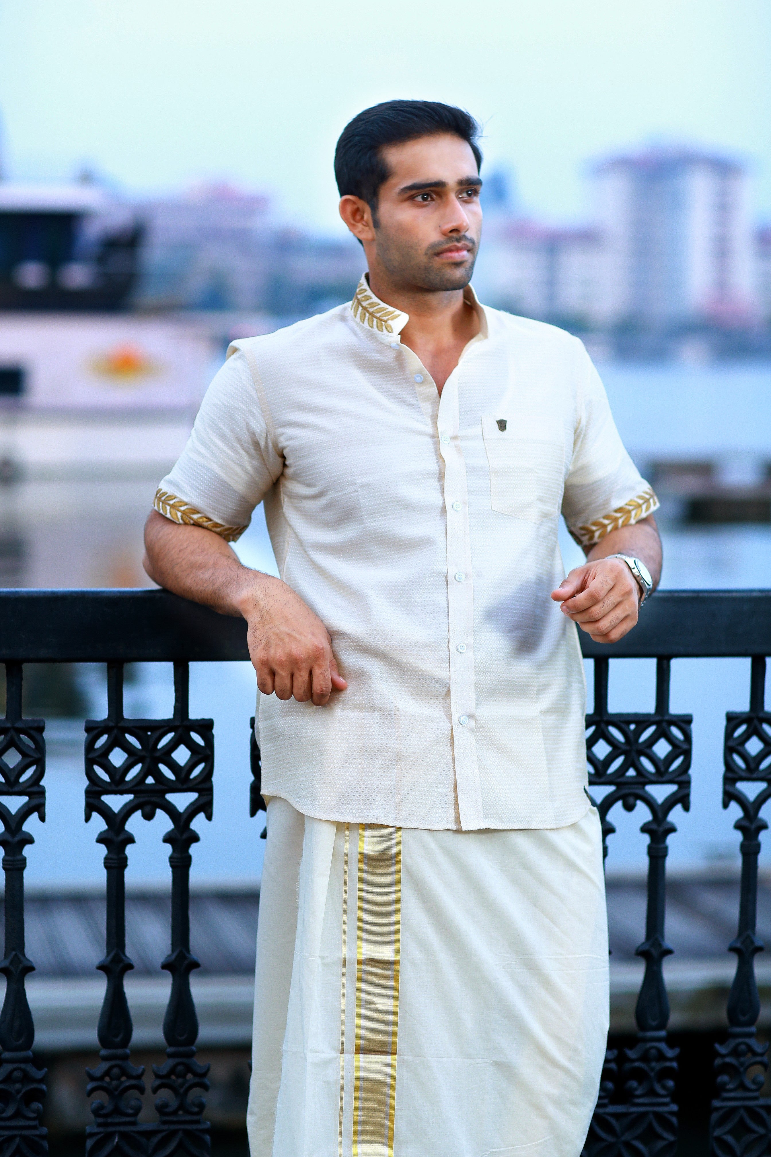 Off White Dotted Silk Chinese Collar Shirt with Gold Zari Detailing & Handwork Embroidery on Neck & Sleeves (Shirt Only)