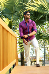 Sangria Purple Shirt wIth Blue  Detailing on placket & Sleeves  (Shirt + Beige Pants)