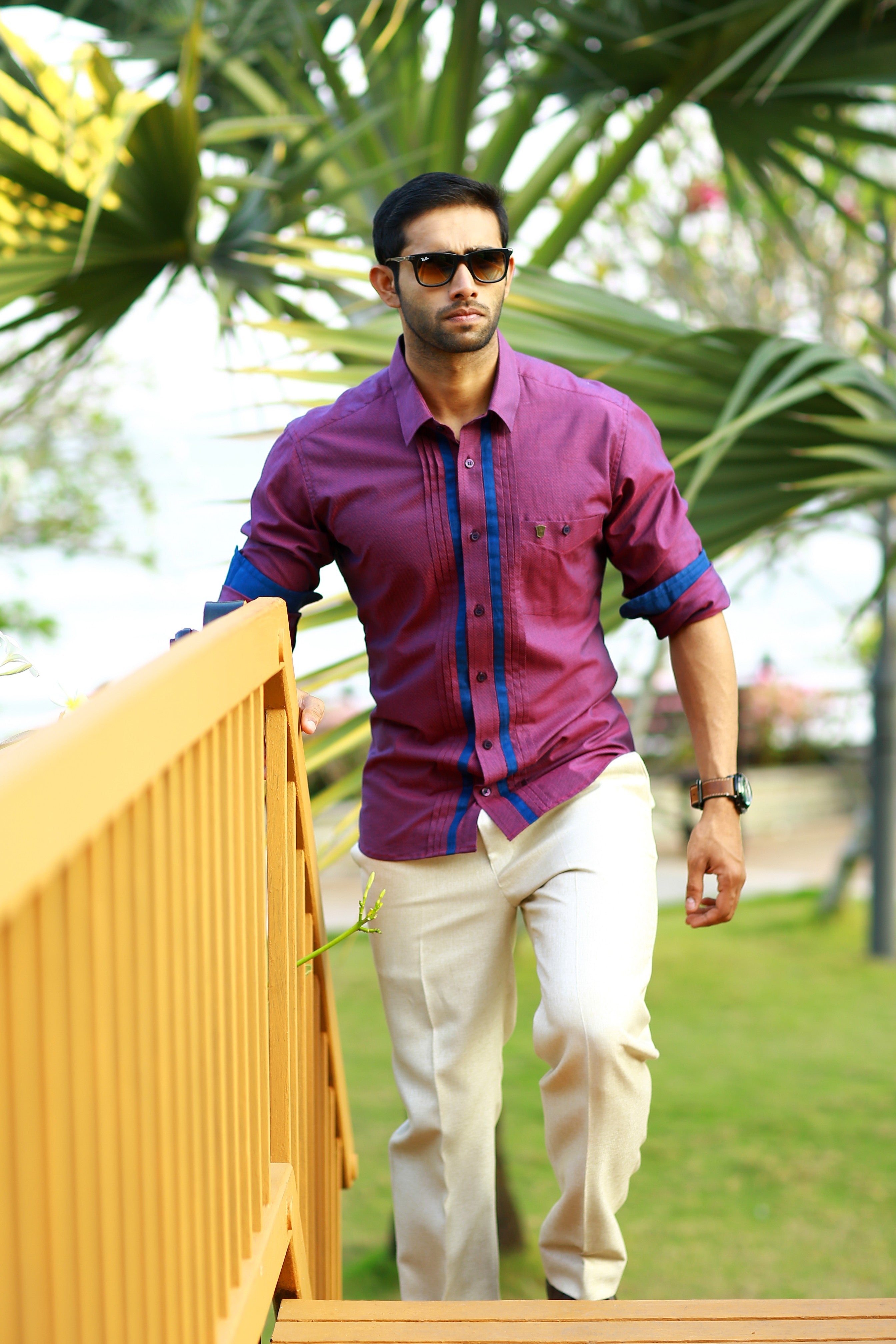 Sangria Purple Shirt wIth Blue Detailing on placket & Sleeves (Only Shirt)