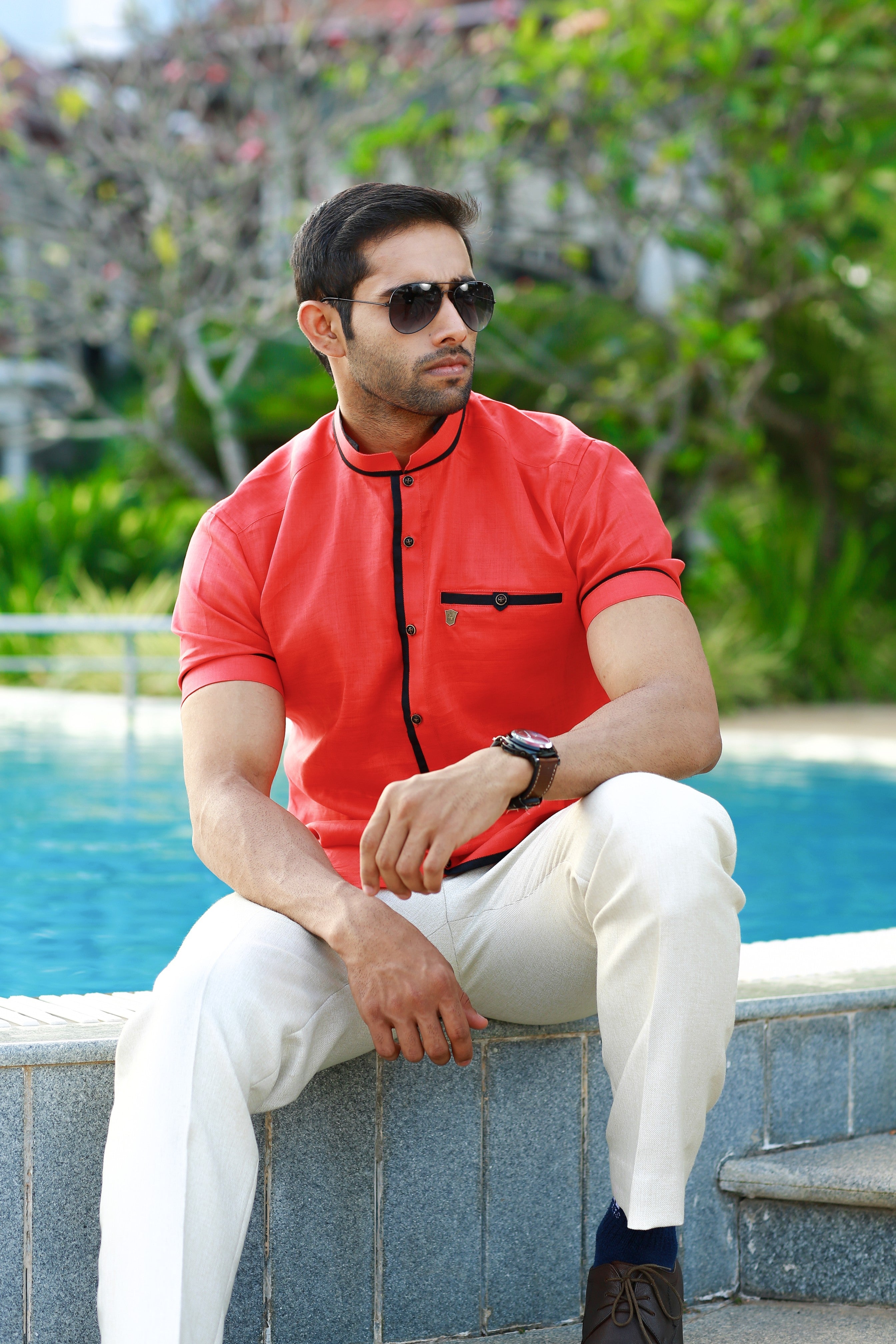 Coral Peach Linen Shirt with Black Pipping Detailing on Placket, Sleeve & Neck