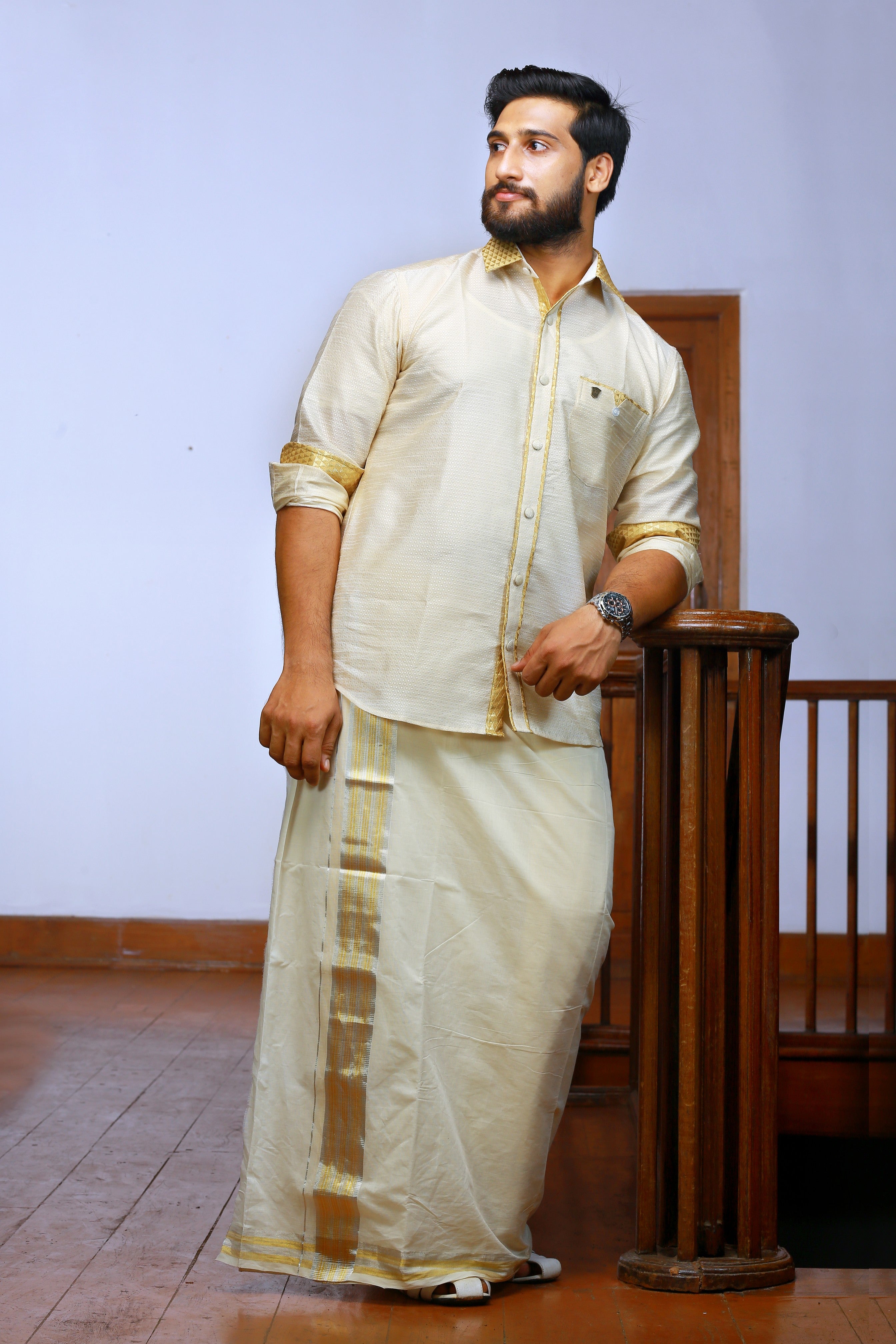 Off White Dotted Silk Cutaway Collar Shirt with Gold Zari Detailing (Shirt + Kasavu Munde )